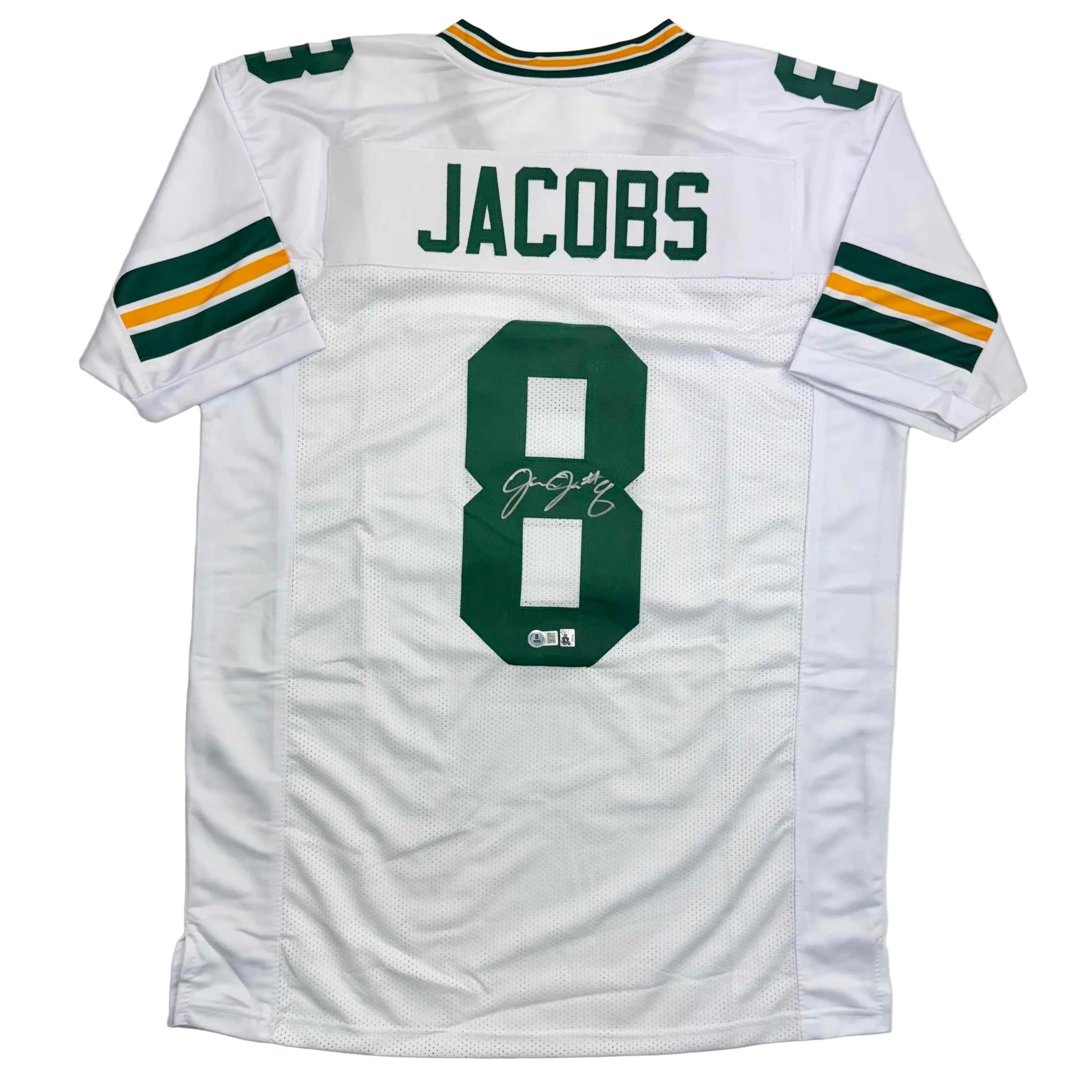 autographed-signed-josh-jacobs-green-bay-white-football-jersey-beckett-bas-coa