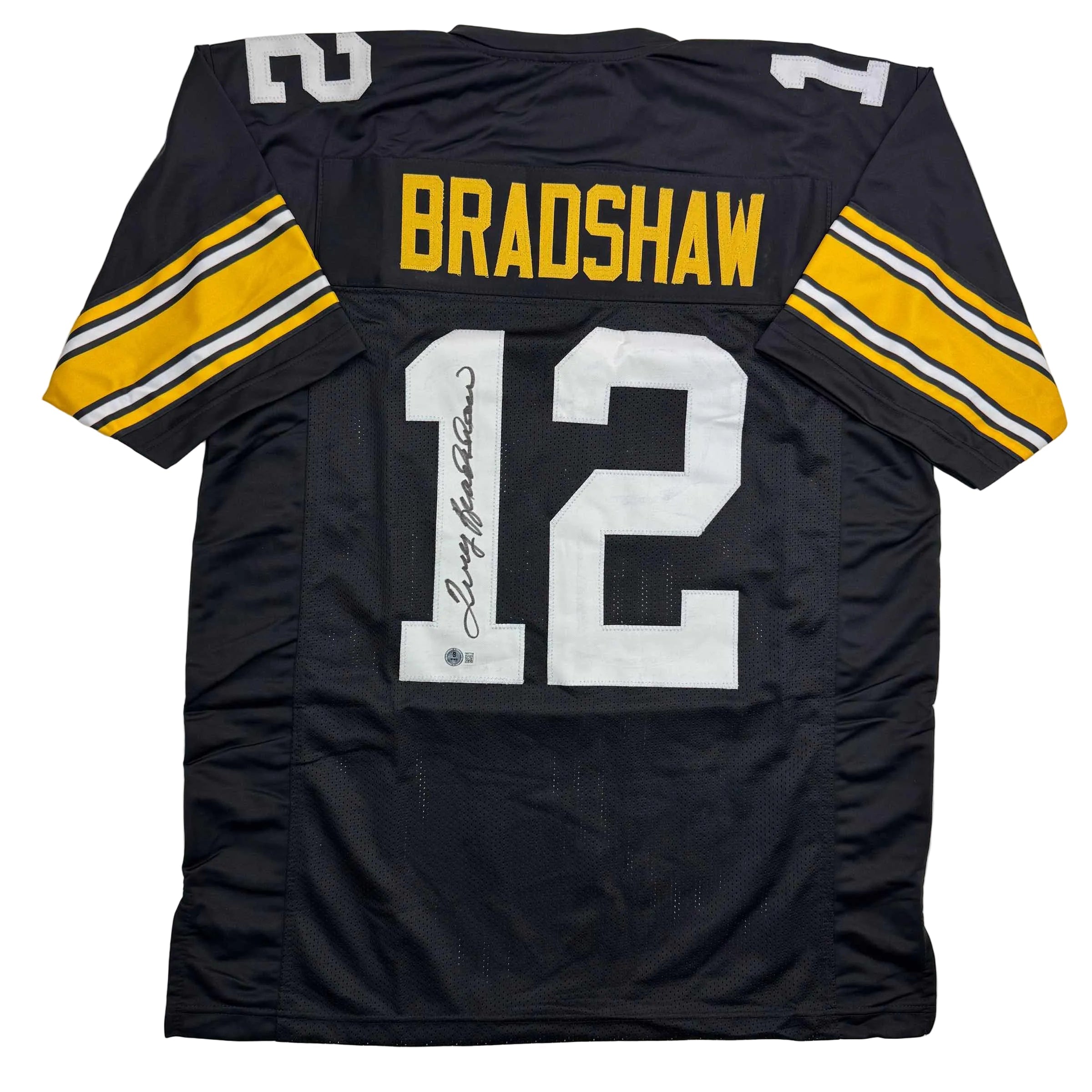 autographed-signed-terry-bradshaw-pittsburgh-black-football-jersey-beckett-bas-coa