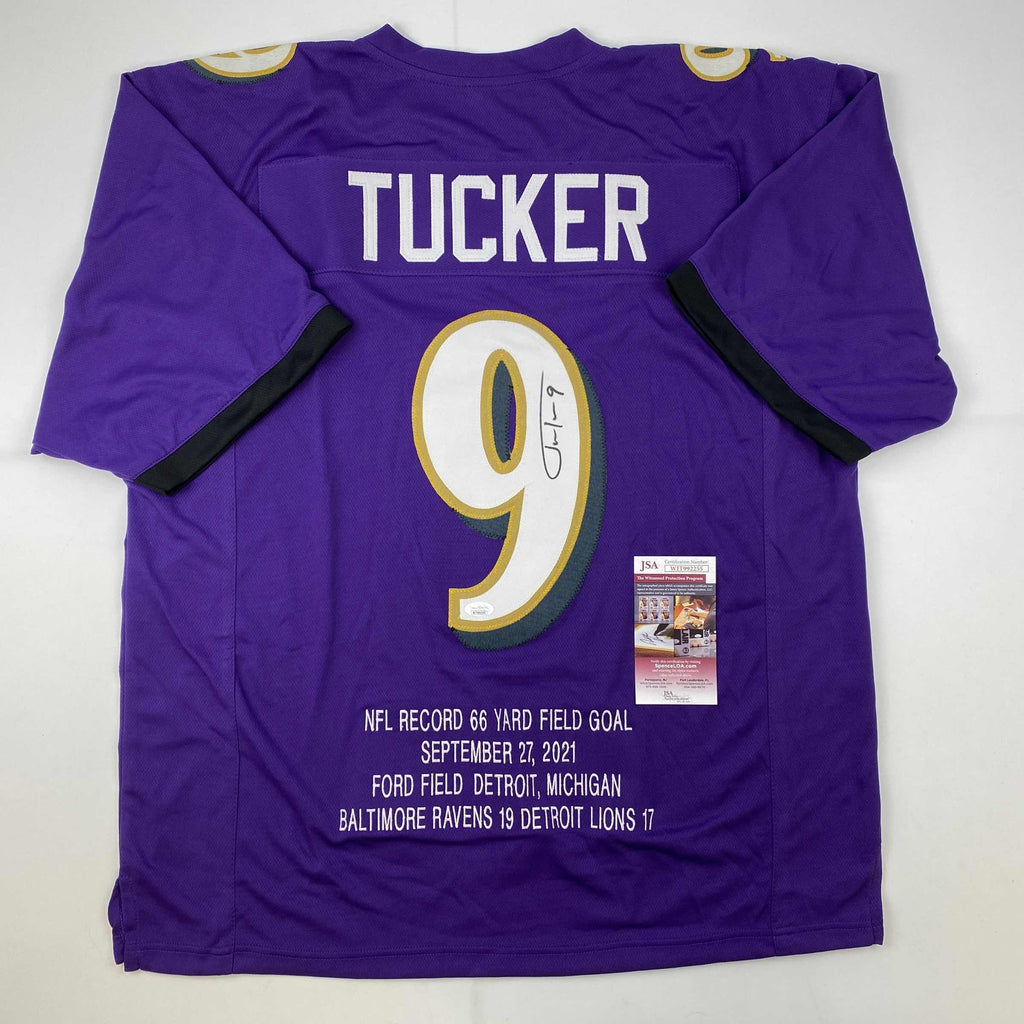autographed-signed-justin-tucker-66-yard-gw-fg-stat-baltimore-purple-football-jersey-jsa-coa