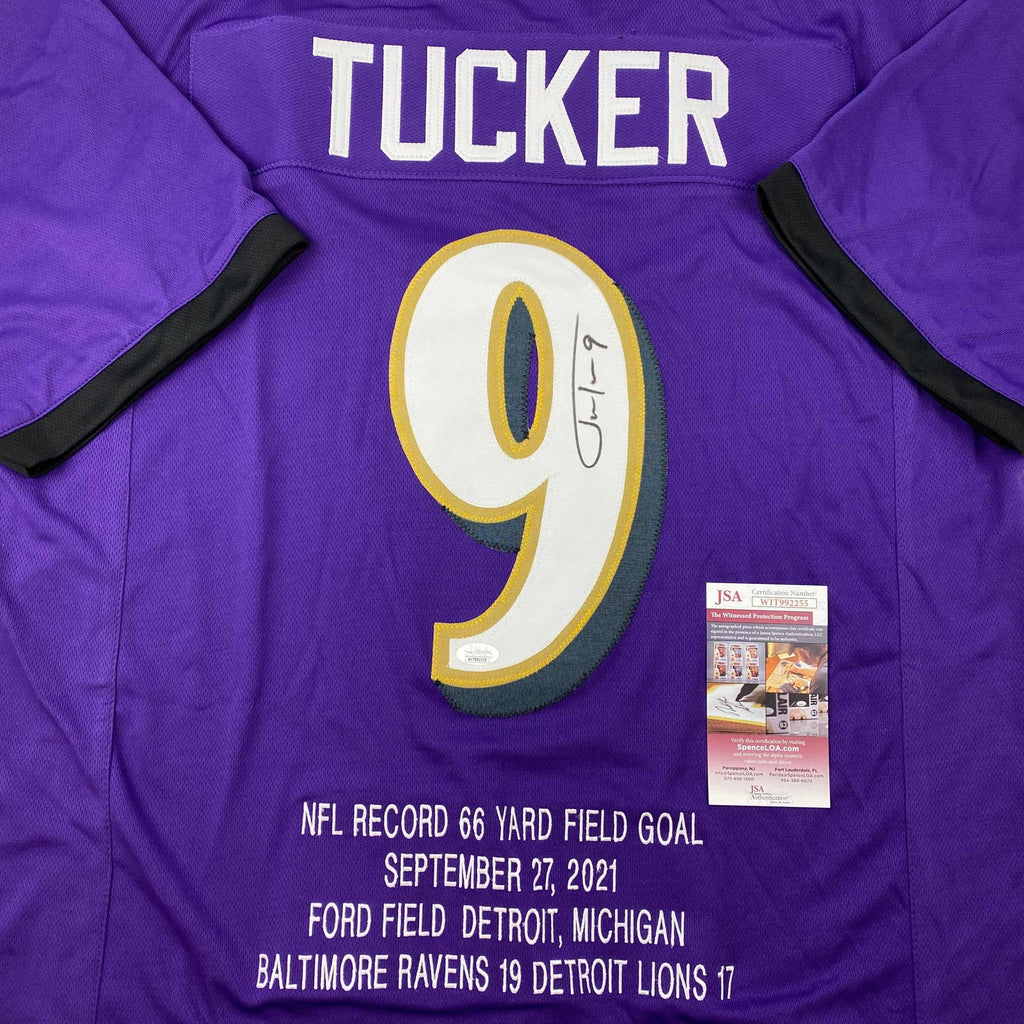 autographed-signed-justin-tucker-66-yard-gw-fg-stat-baltimore-purple-football-jersey-jsa-coa