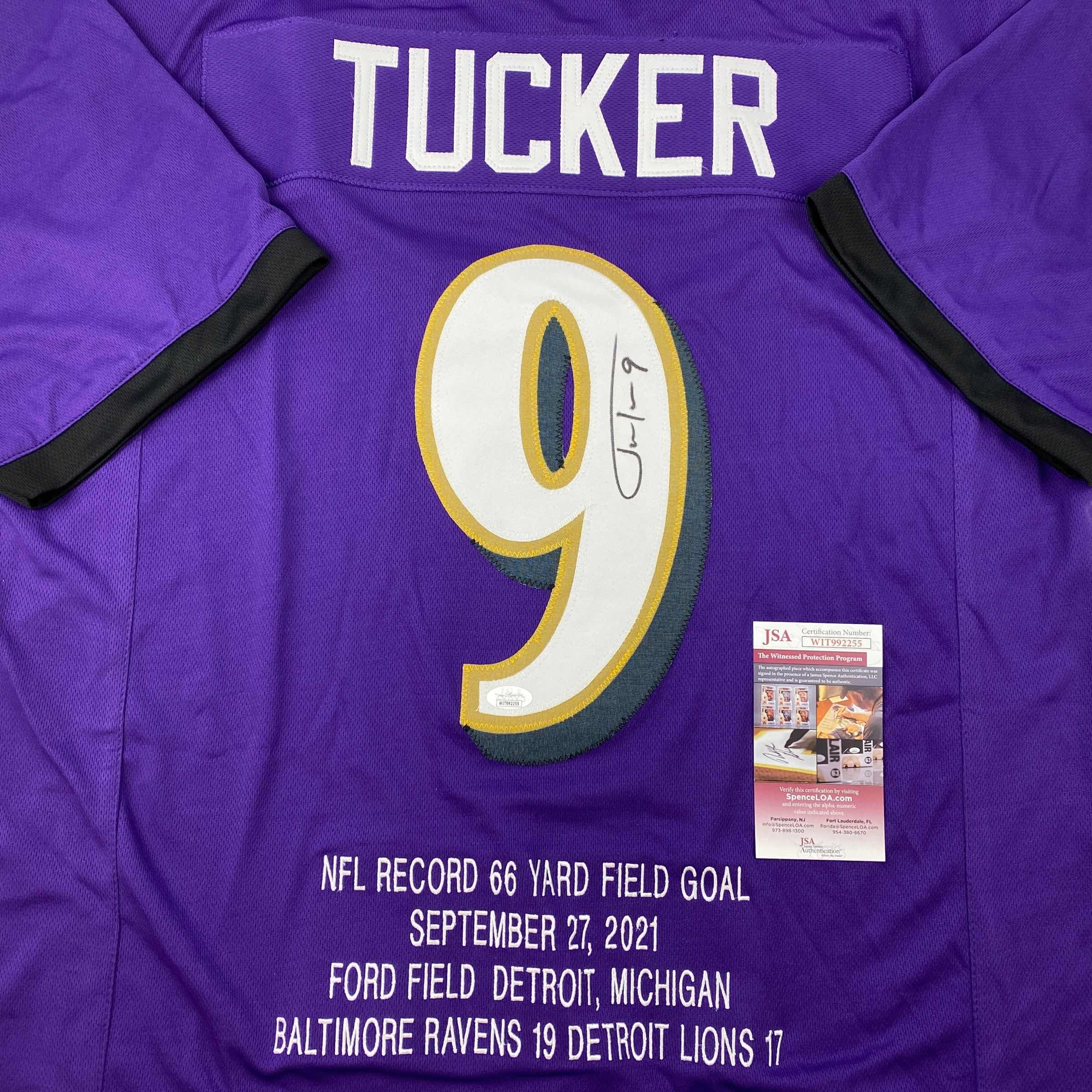 autographed-signed-justin-tucker-66-yard-gw-fg-stat-baltimore-purple-football-jersey-jsa-coa