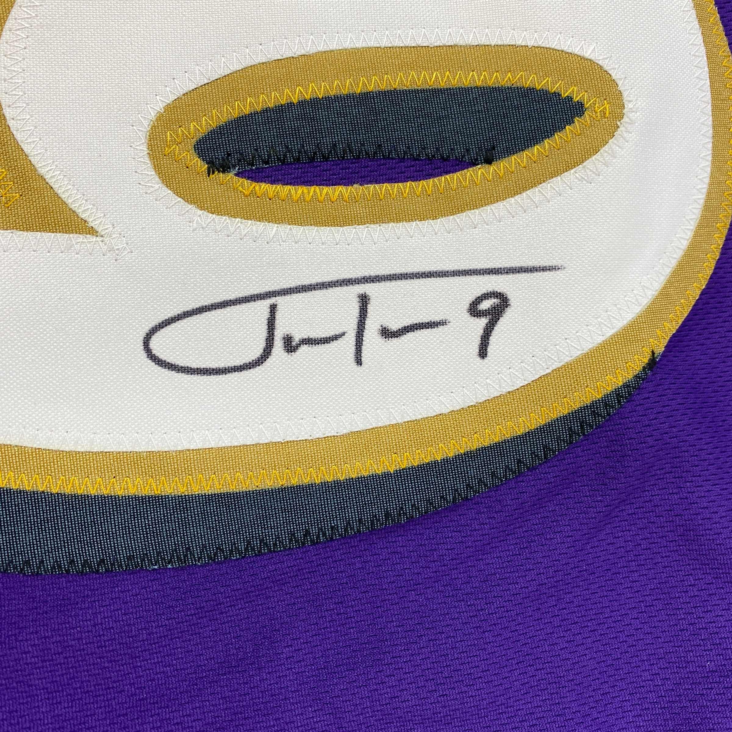 autographed-signed-justin-tucker-66-yard-gw-fg-stat-baltimore-purple-football-jersey-jsa-coa