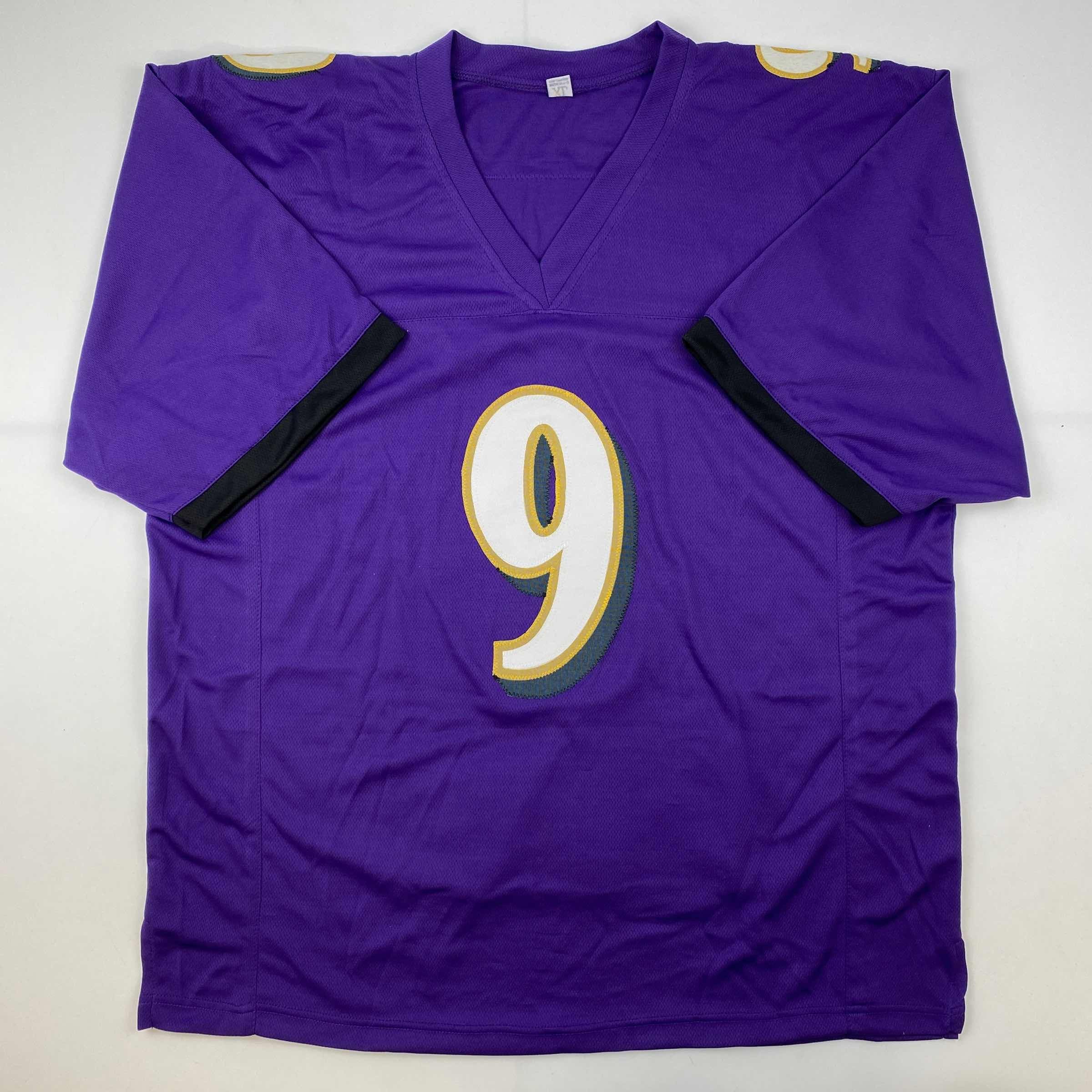 autographed-signed-justin-tucker-66-yard-gw-fg-stat-baltimore-purple-football-jersey-jsa-coa