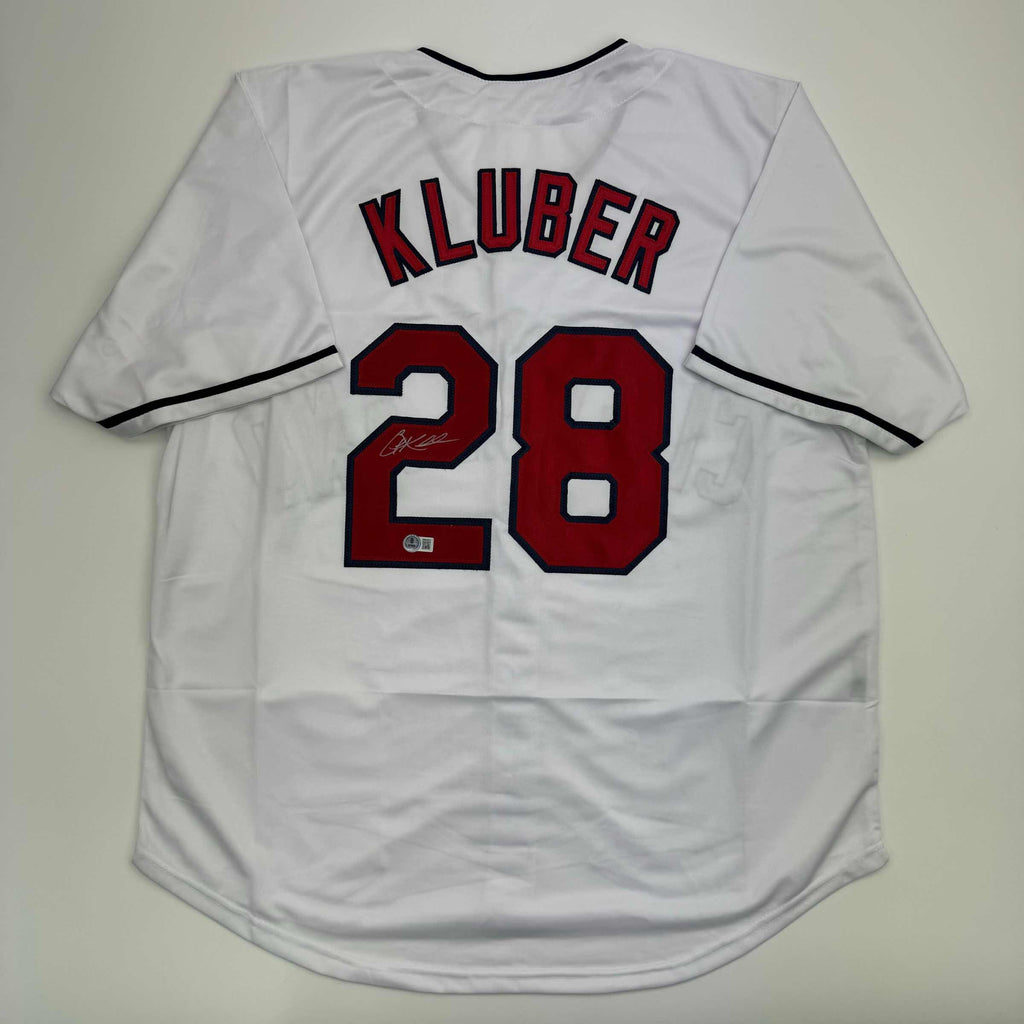 autographed-signed-corey-kluber-cleveland-white-baseball-jersey-beckett-bas-coa