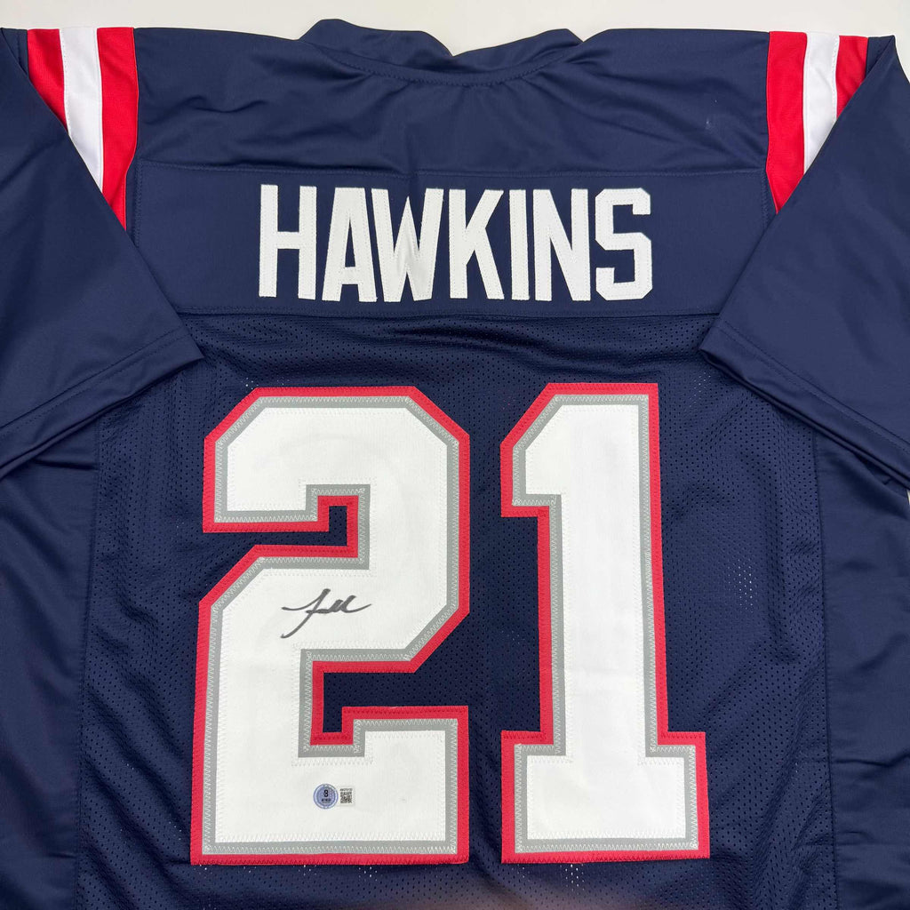 autographed-signed-jaylinn-hawkins-new-england-blue-football-jersey-beckett-bas-coa