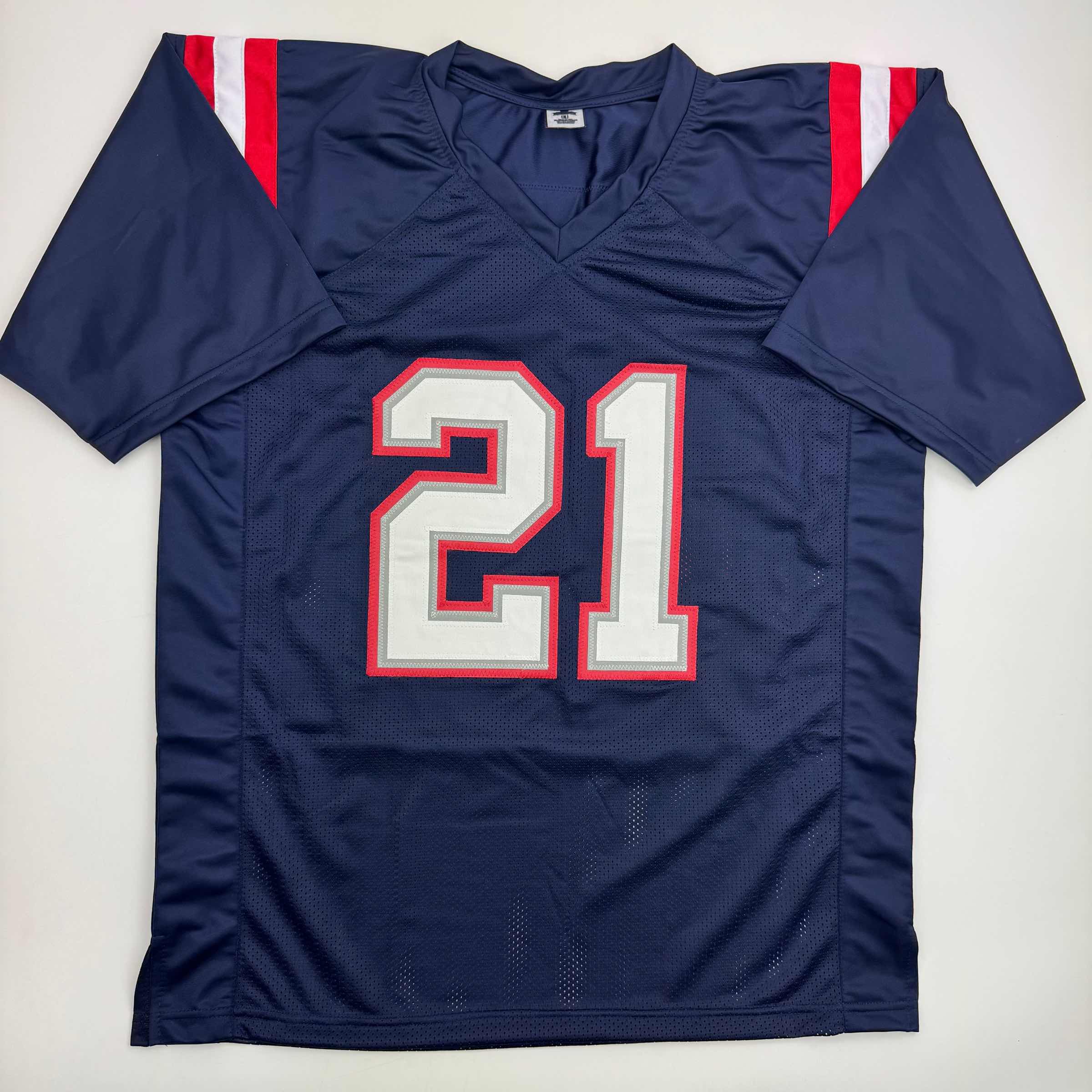 autographed-signed-jaylinn-hawkins-new-england-blue-football-jersey-beckett-bas-coa