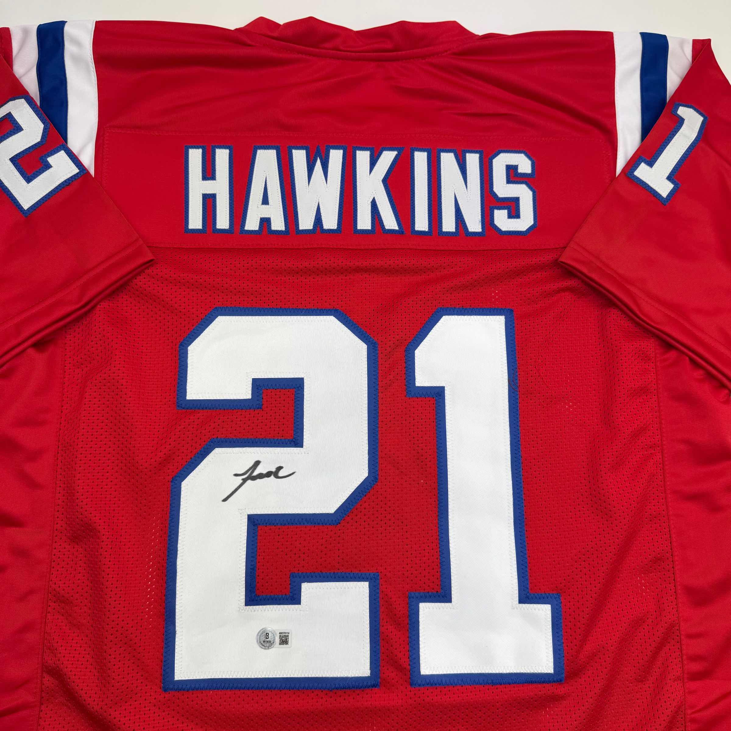 autographed-signed-jaylinn-hawkins-new-england-red-football-jersey-beckett-bas-coa