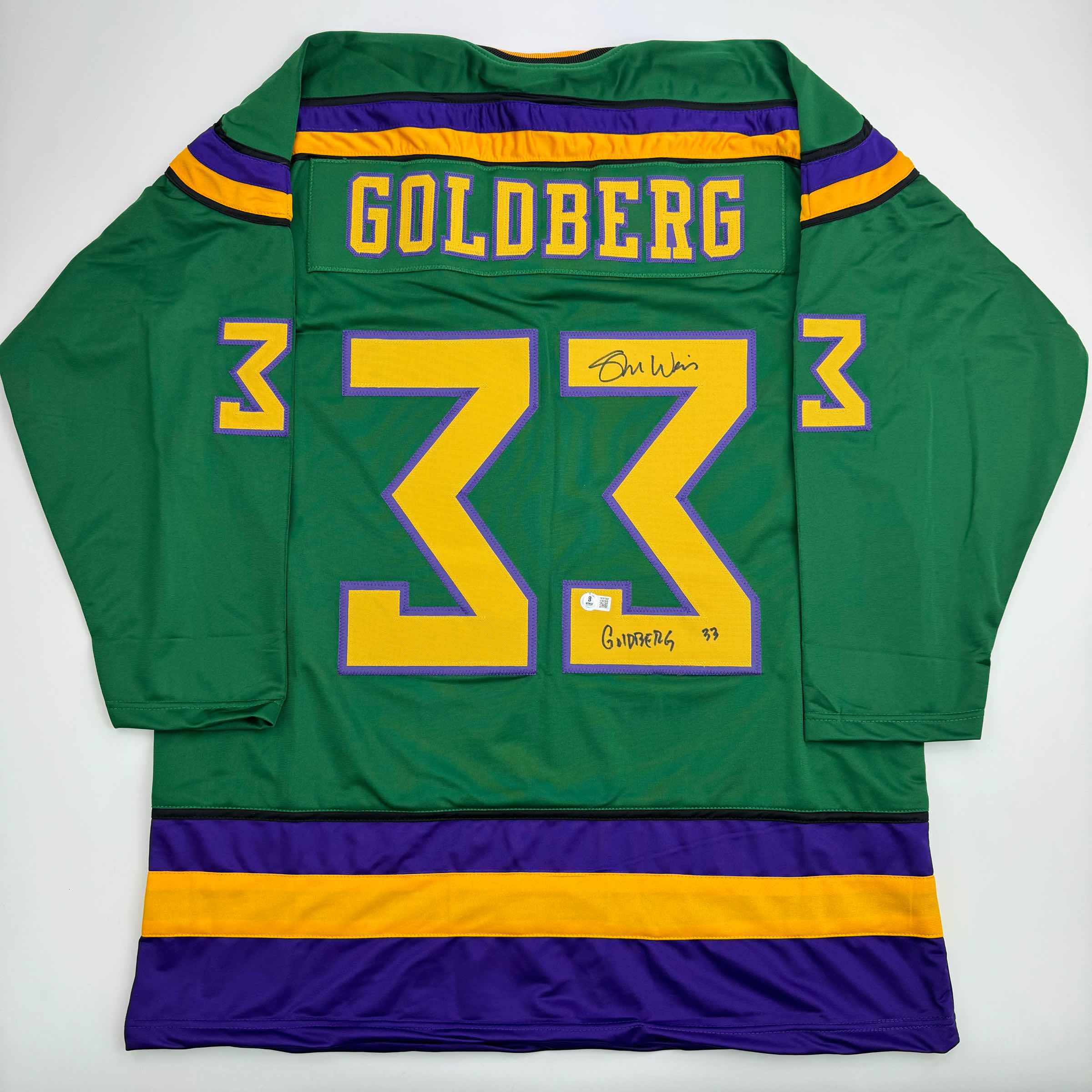 autographed-signed-shaun-weiss-greg-goldberg-the-mighty-ducks-green-hockey-jersey-beckett-bas-coa