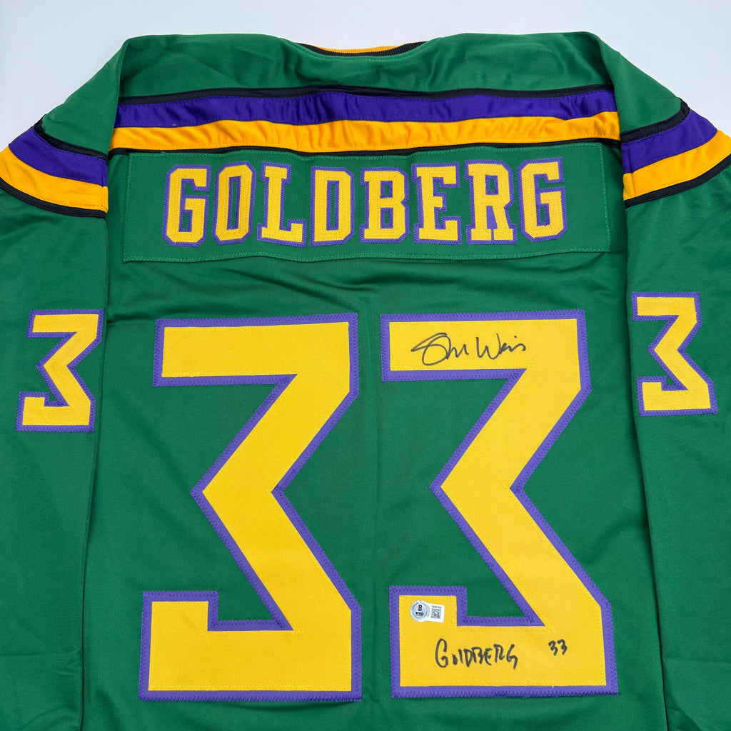 autographed-signed-shaun-weiss-greg-goldberg-the-mighty-ducks-green-hockey-jersey-beckett-bas-coa