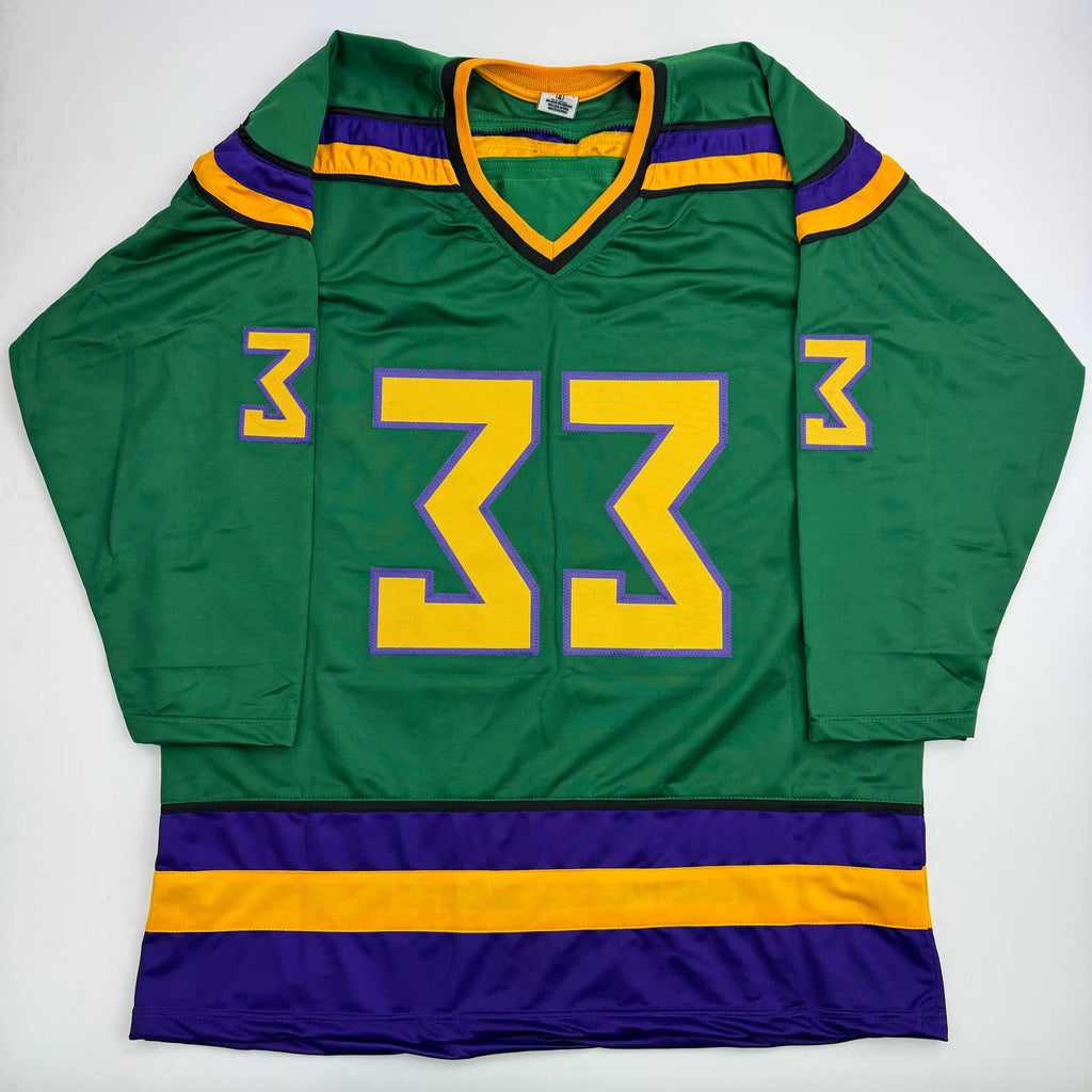 autographed-signed-shaun-weiss-greg-goldberg-the-mighty-ducks-green-hockey-jersey-beckett-bas-coa
