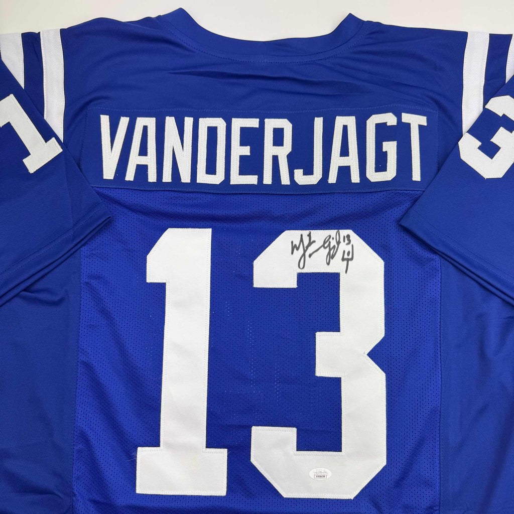 autographed-signed-mike-vanderjagt-indianapolis-blue-football-jersey-jsa-coa