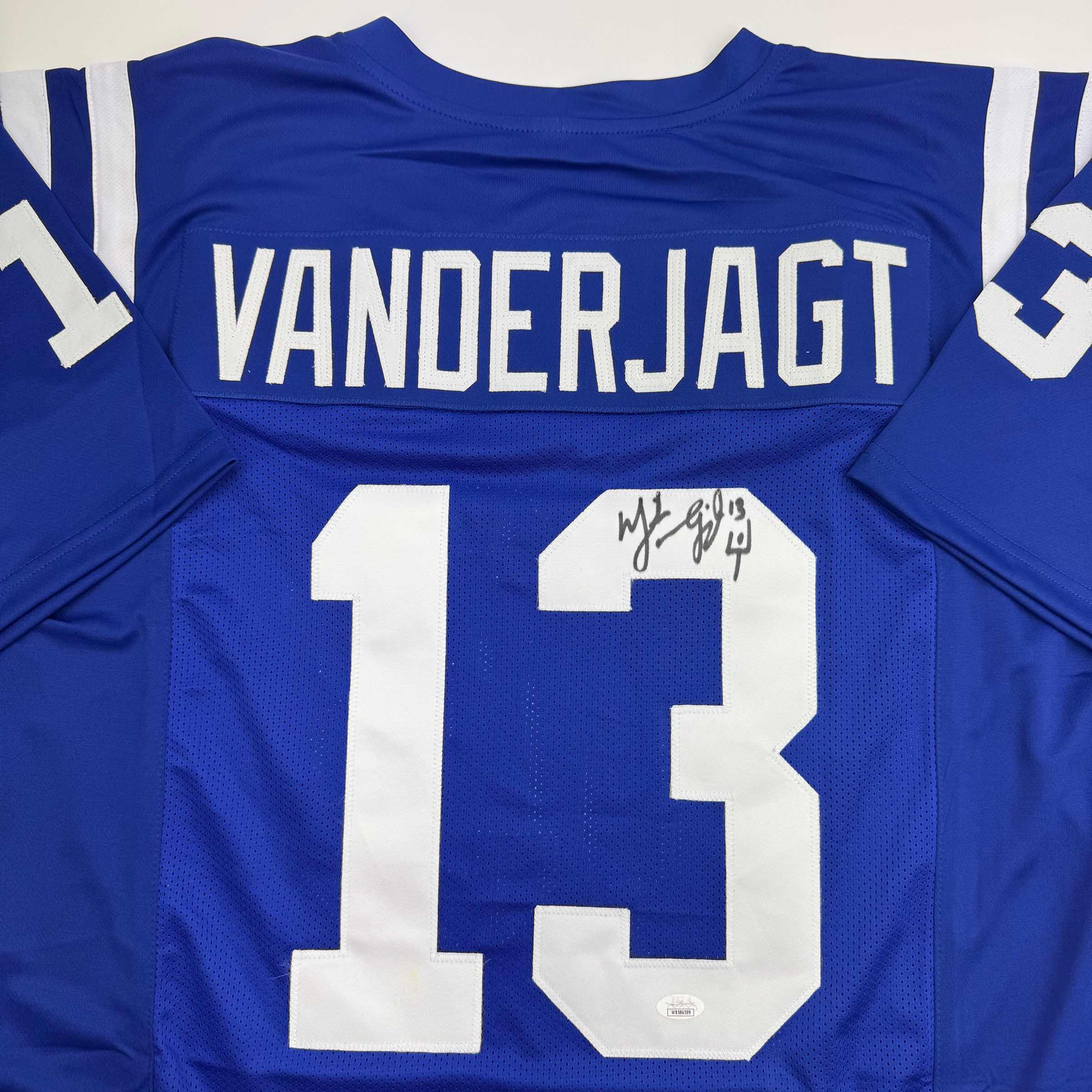 autographed-signed-mike-vanderjagt-indianapolis-blue-football-jersey-jsa-coa