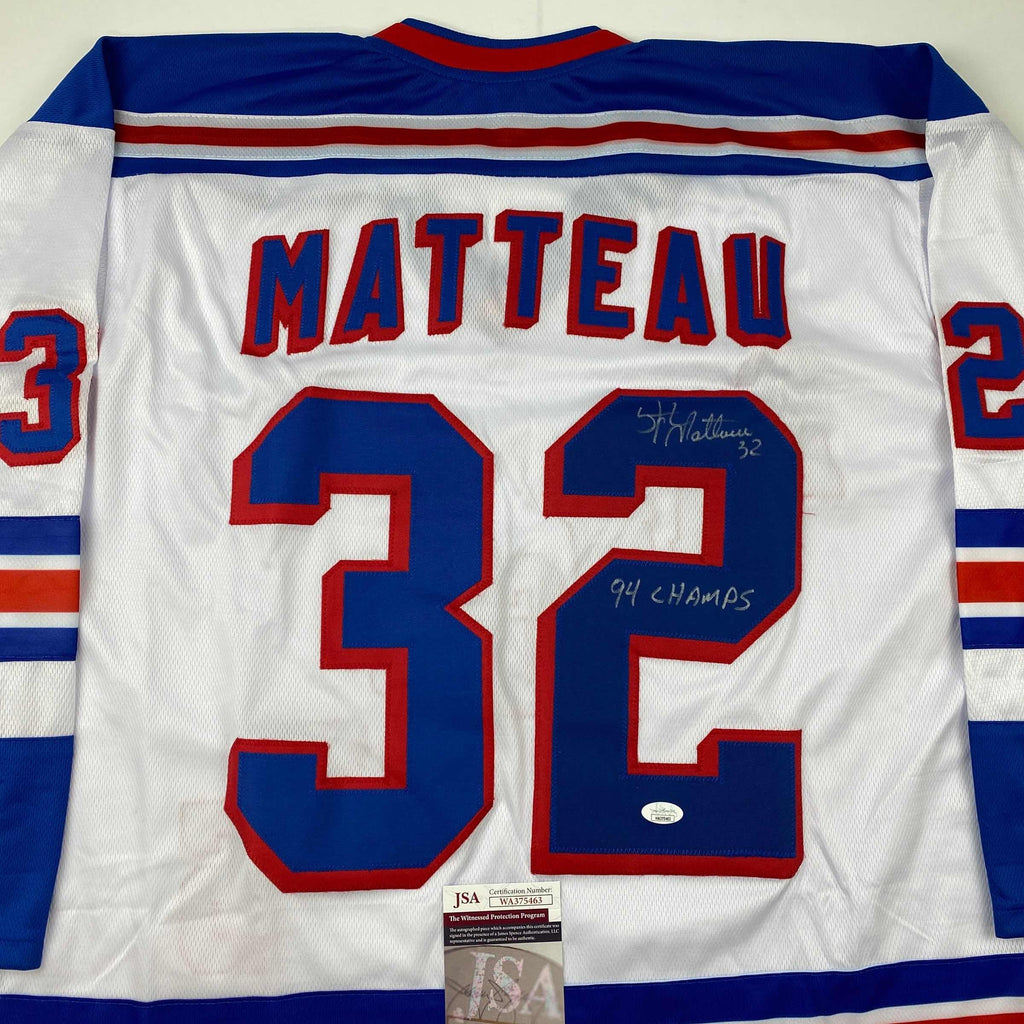 autographed-signed-stephane-matteau-94-champs-new-york-white-hockey-jersey-jsa-coa
