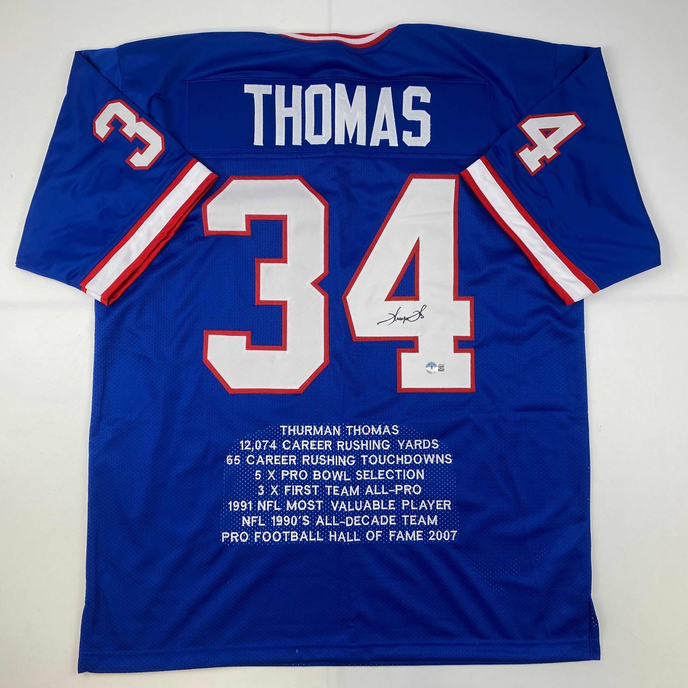 autographed-signed-thurman-thomas-buffalo-blue-stat-football-jersey-beckett-bas-coa
