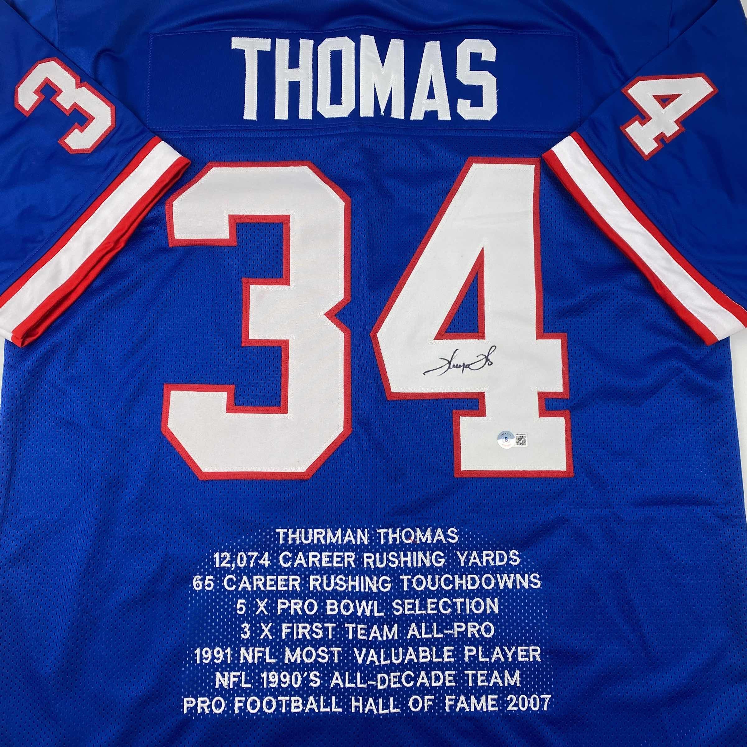 autographed-signed-thurman-thomas-buffalo-blue-stat-football-jersey-beckett-bas-coa