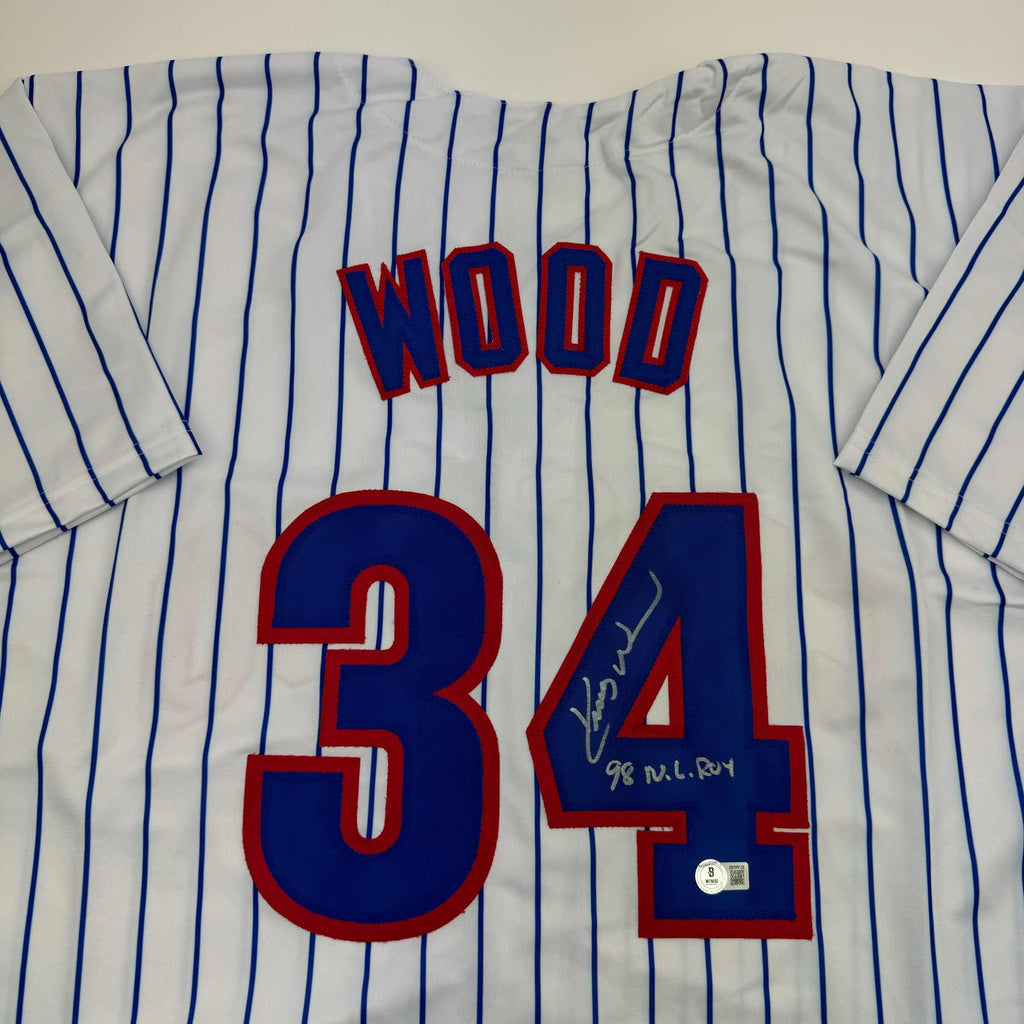 autographed-signed-kerry-wood-98-roy-chicago-pinstripe-baseball-jersey-beckett-bas-coa