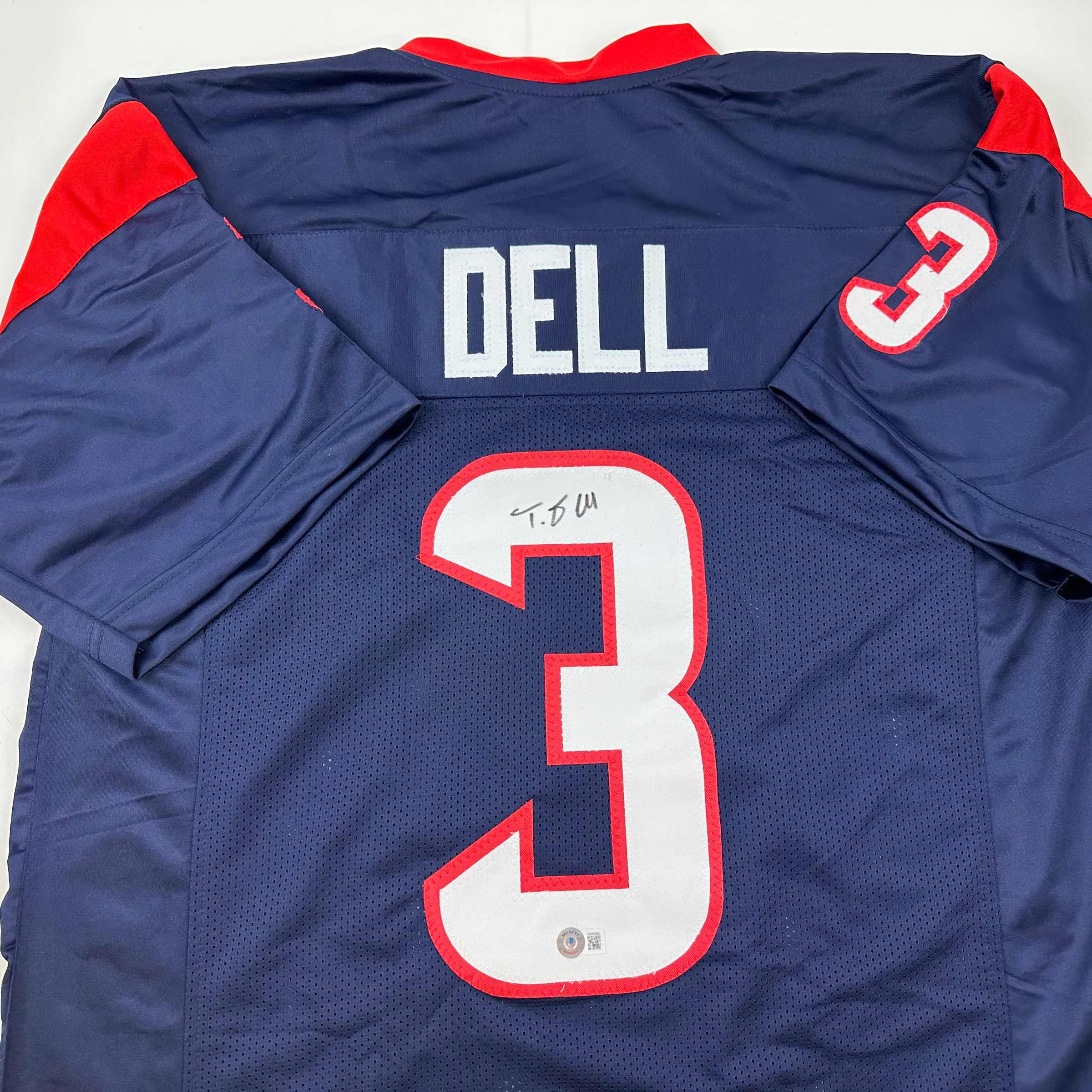 autographed-signed-tank-dell-houston-blue-football-jersey-beckett-bas-coa