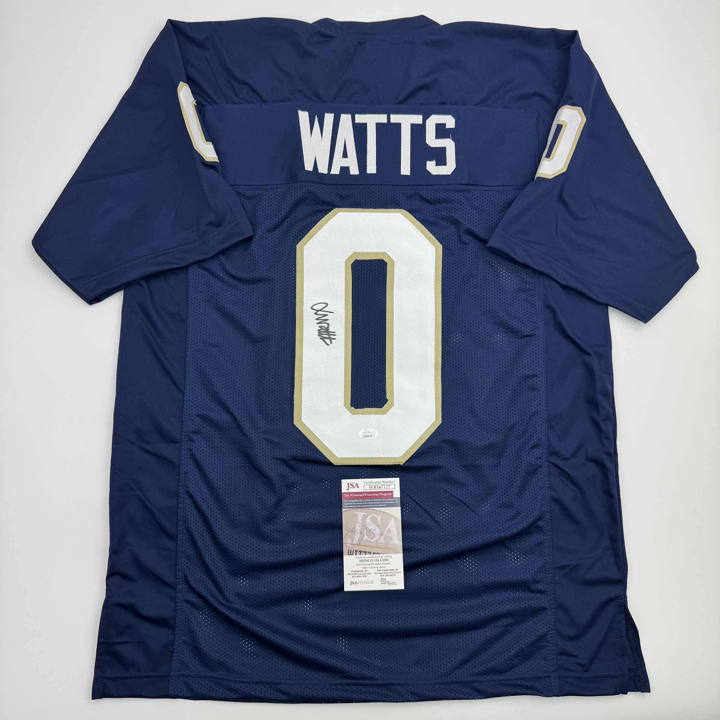 autographed-signed-xavier-watts-notre-dame-blue-college-football-jersey-jsa-coa