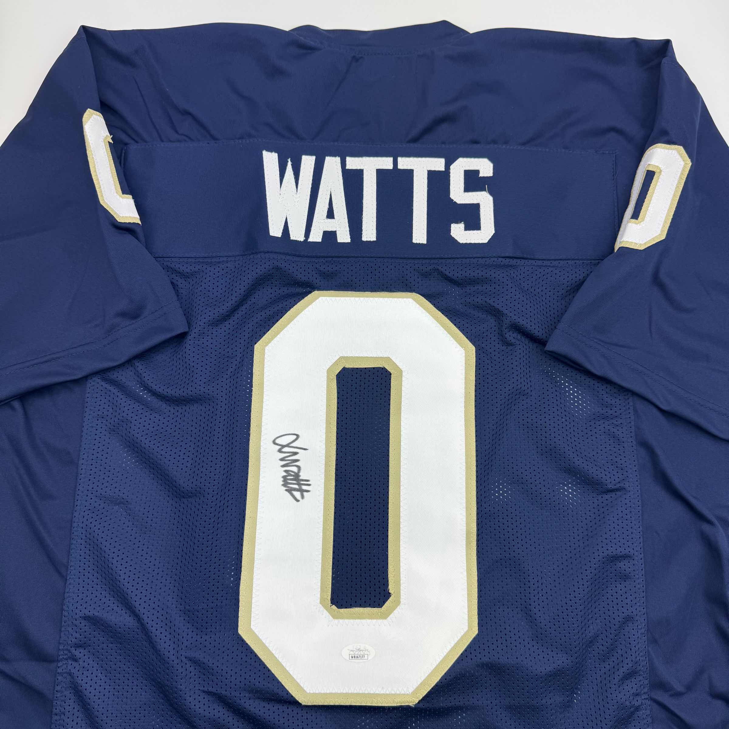 autographed-signed-xavier-watts-notre-dame-blue-college-football-jersey-jsa-coa