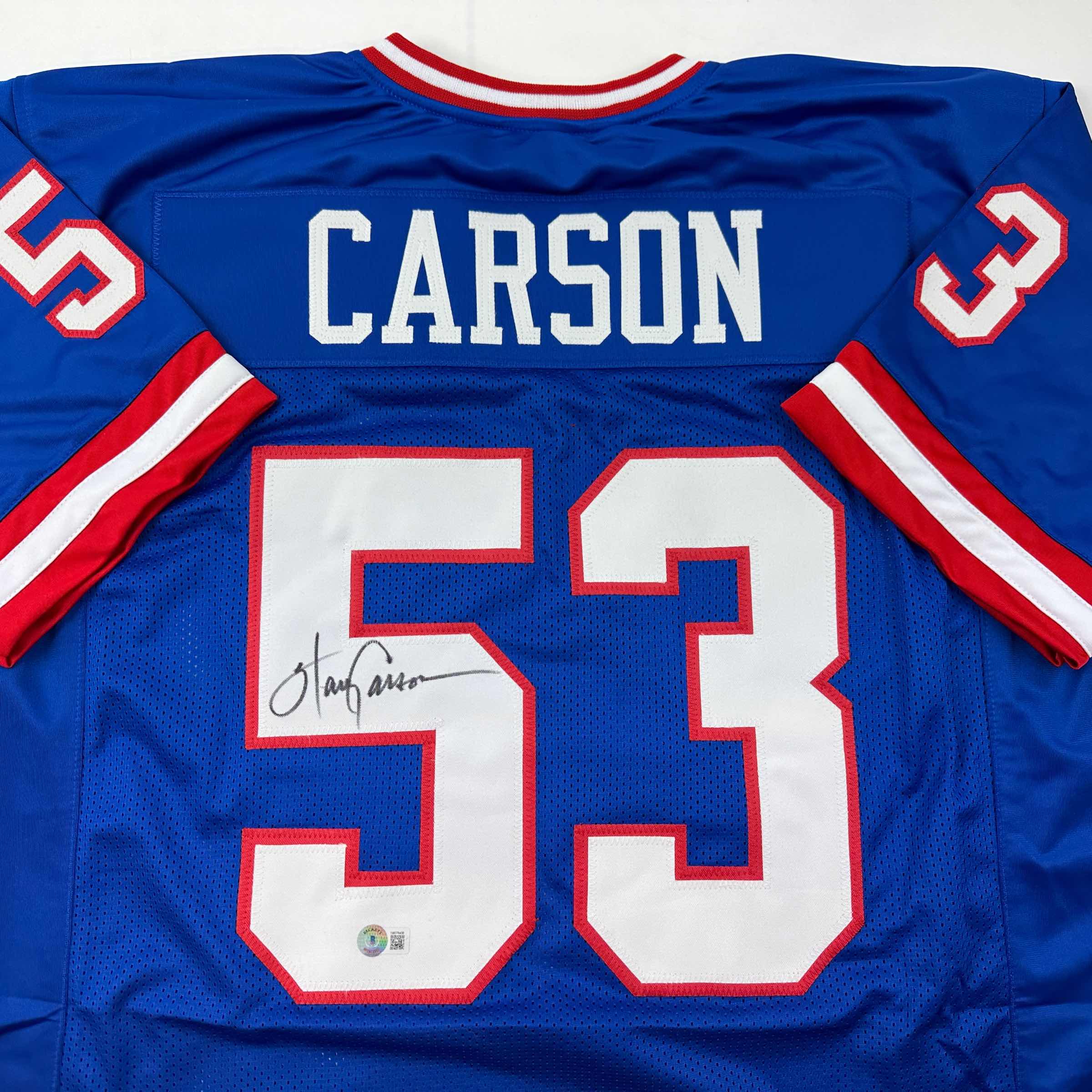 autographed-signed-harry-carson-new-york-blue-football-jersey-beckett-bas-coa