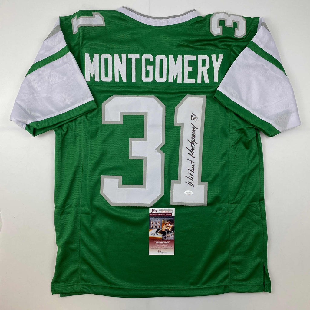 autographed-signed-wilbert-montgomery-philadelphia-green-football-jersey-jsa-coa