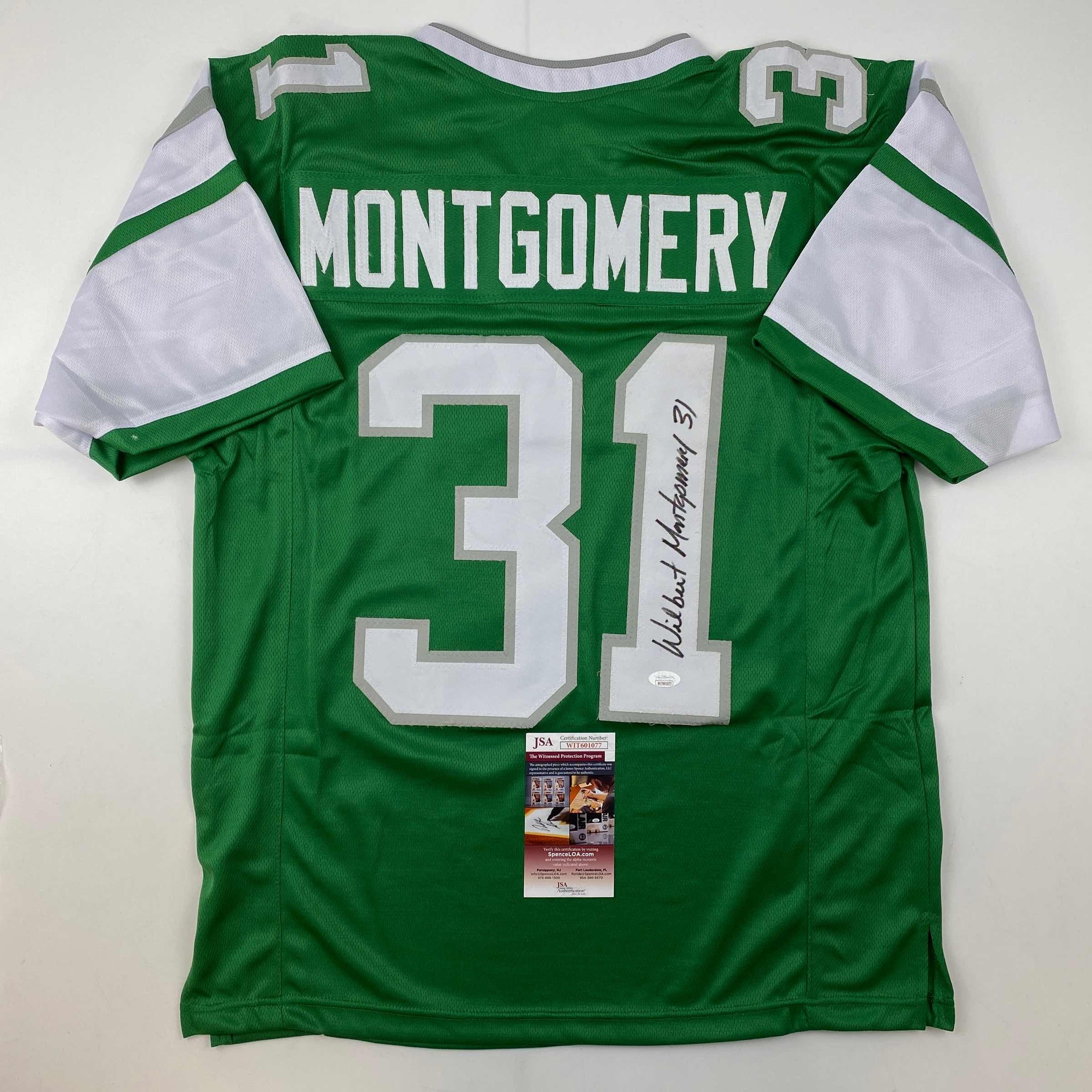 autographed-signed-wilbert-montgomery-philadelphia-green-football-jersey-jsa-coa
