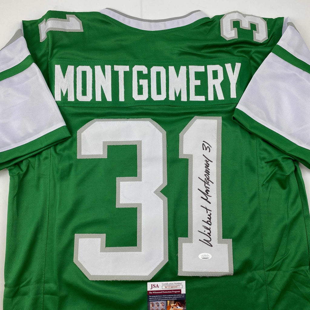 autographed-signed-wilbert-montgomery-philadelphia-green-football-jersey-jsa-coa