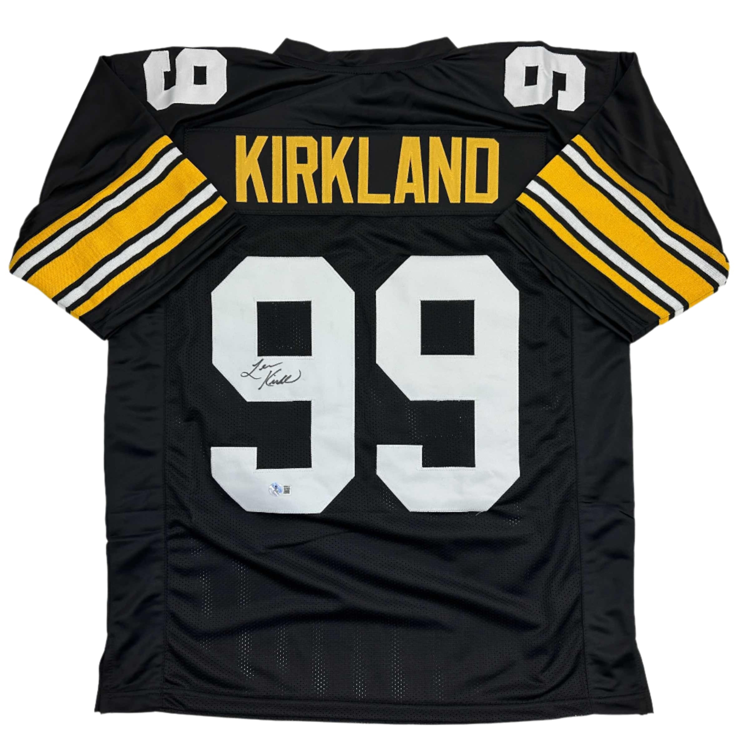 autographed-signed-levon-kirkland-pittsburgh-black-football-jersey-beckett-bas-coa