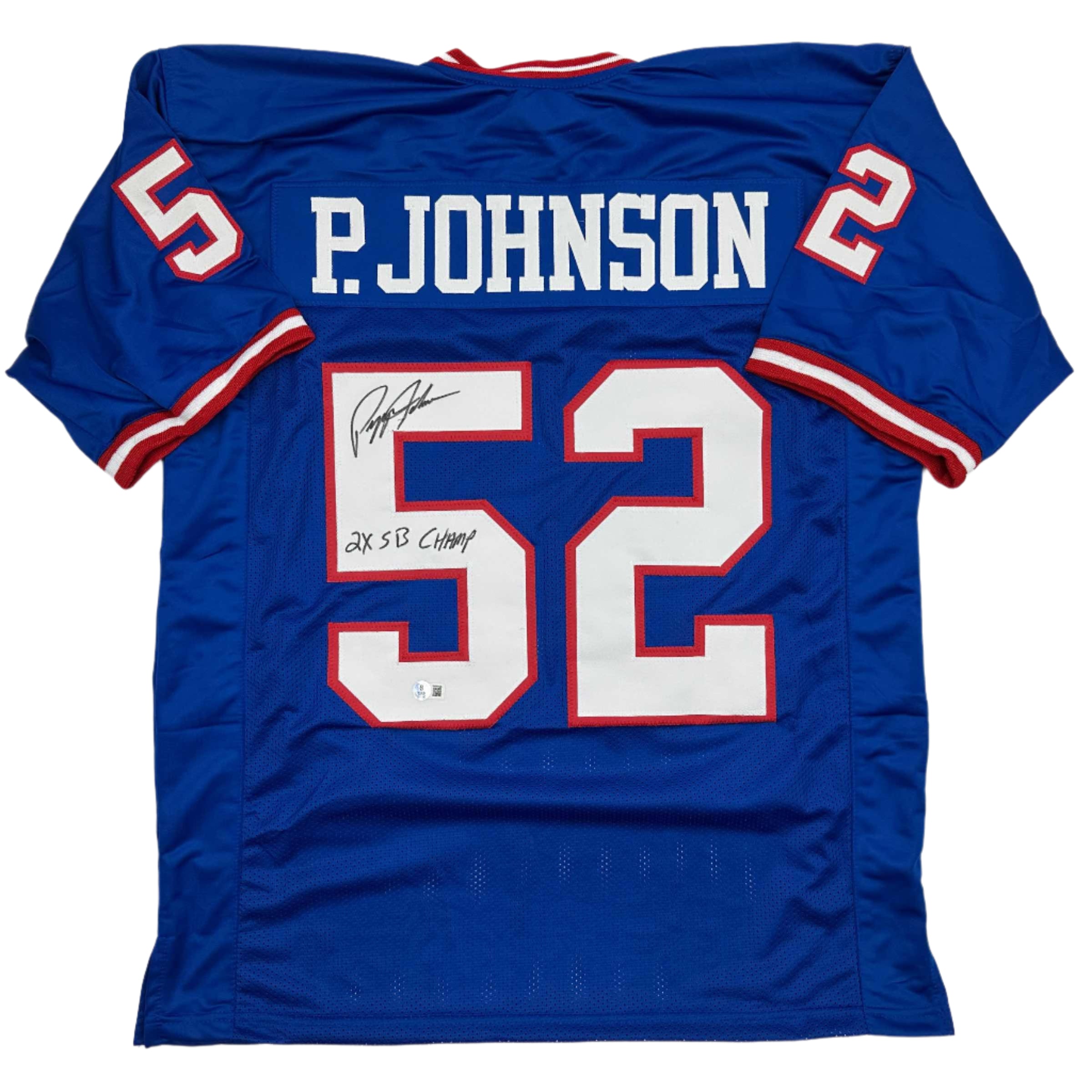 autographed-signed-pepper-johnson-2x-sb-champ-new-york-blue-football-jersey-beckett-bas-coa