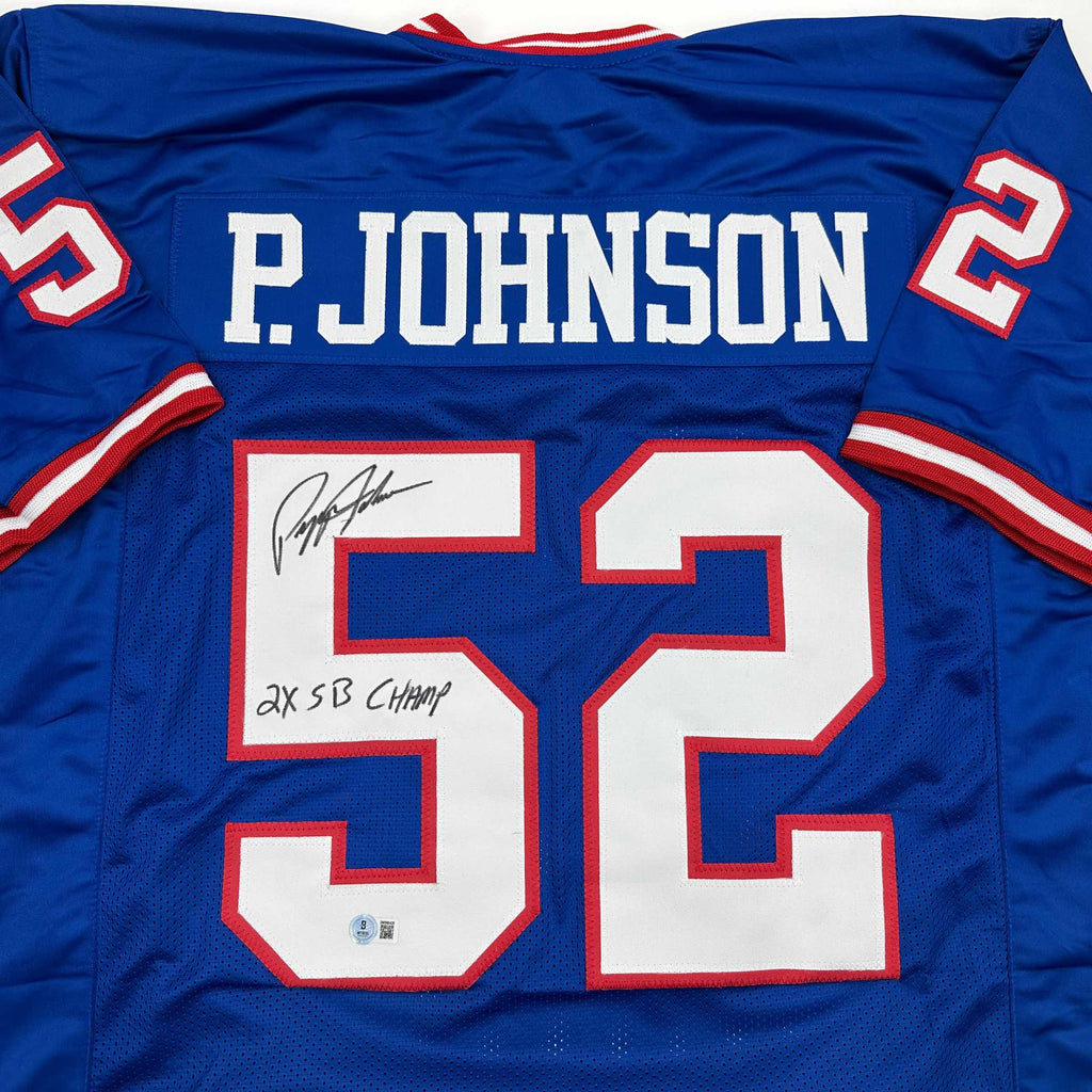 autographed-signed-pepper-johnson-2x-sb-champ-new-york-blue-football-jersey-beckett-bas-coa