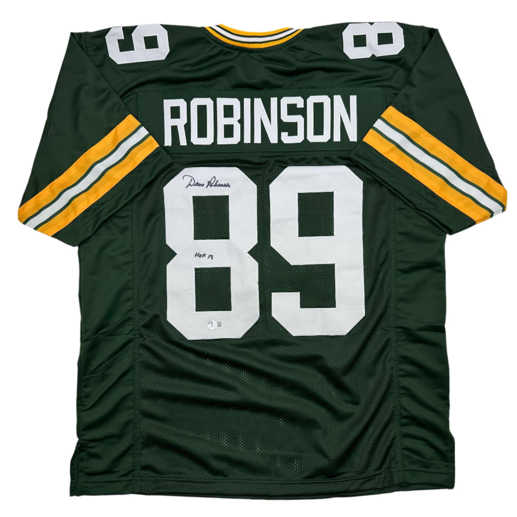 autographed-signed-dave-robinson-hof-13-green-bay-green-football-jersey-beckett-bas-coa