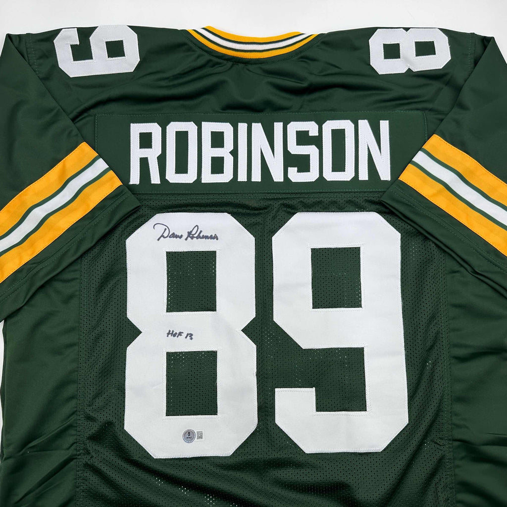 autographed-signed-dave-robinson-hof-13-green-bay-green-football-jersey-beckett-bas-coa