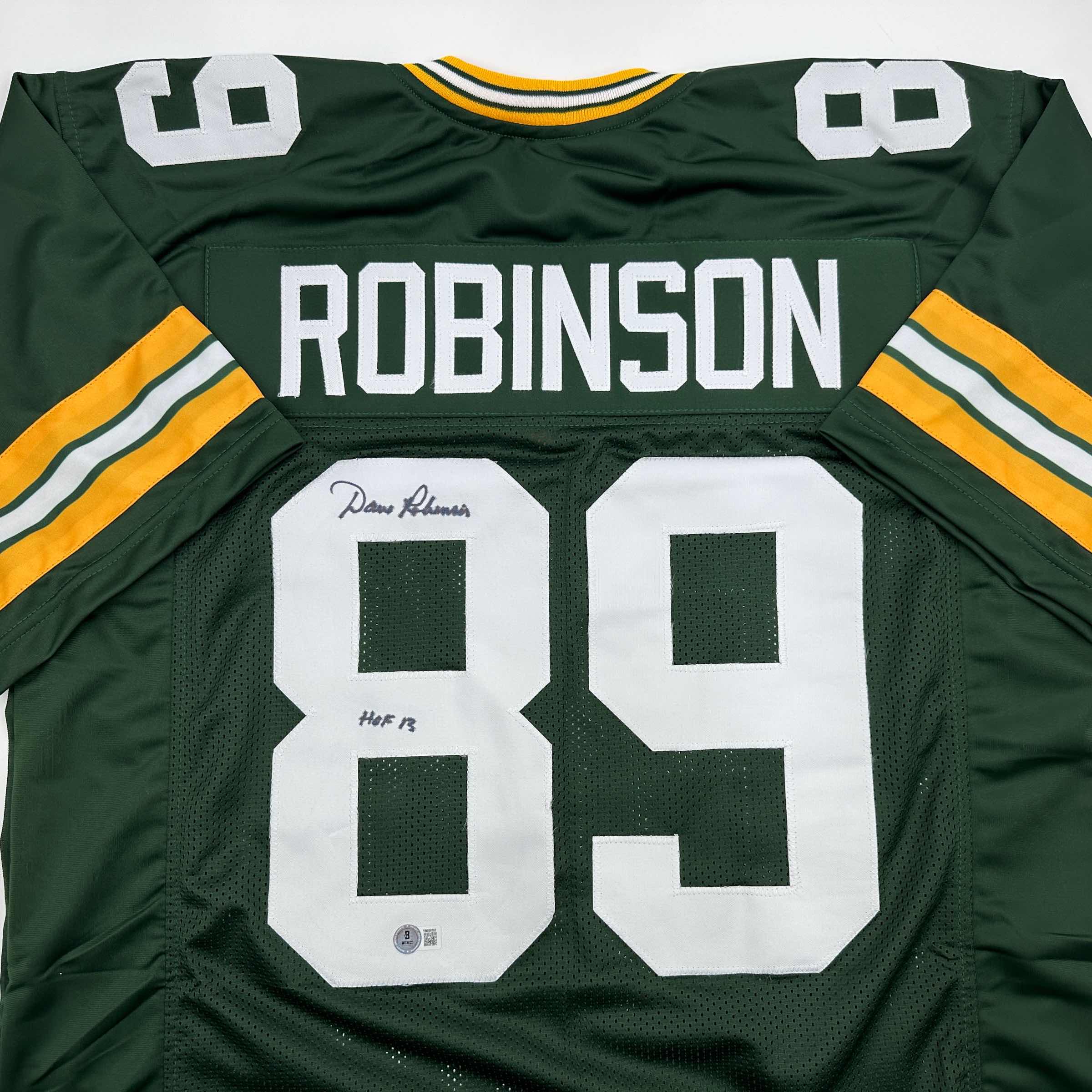 autographed-signed-dave-robinson-hof-13-green-bay-green-football-jersey-beckett-bas-coa