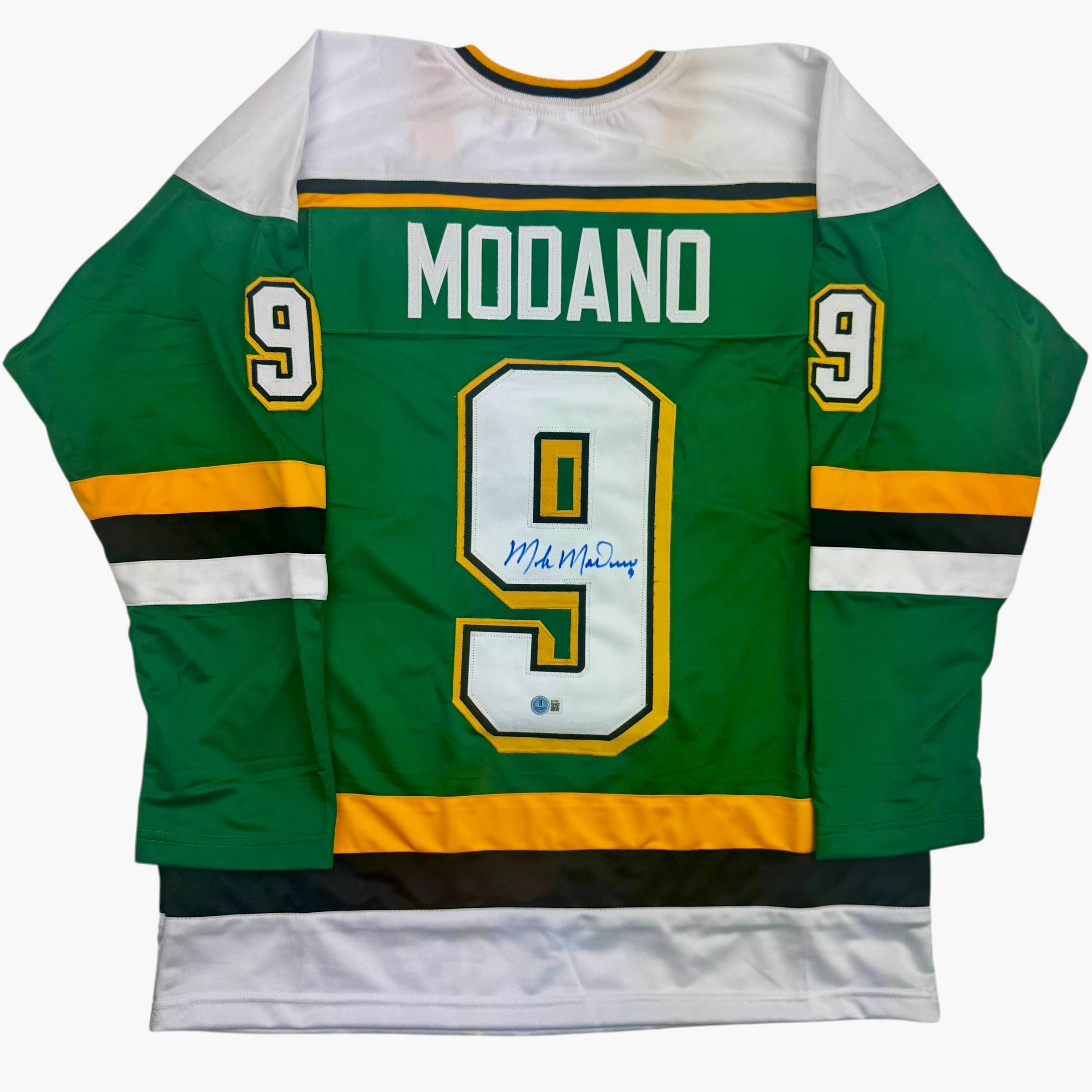 autographed-signed-mike-modano-minnesota-green-hockey-jersey-beckett-bas-coa
