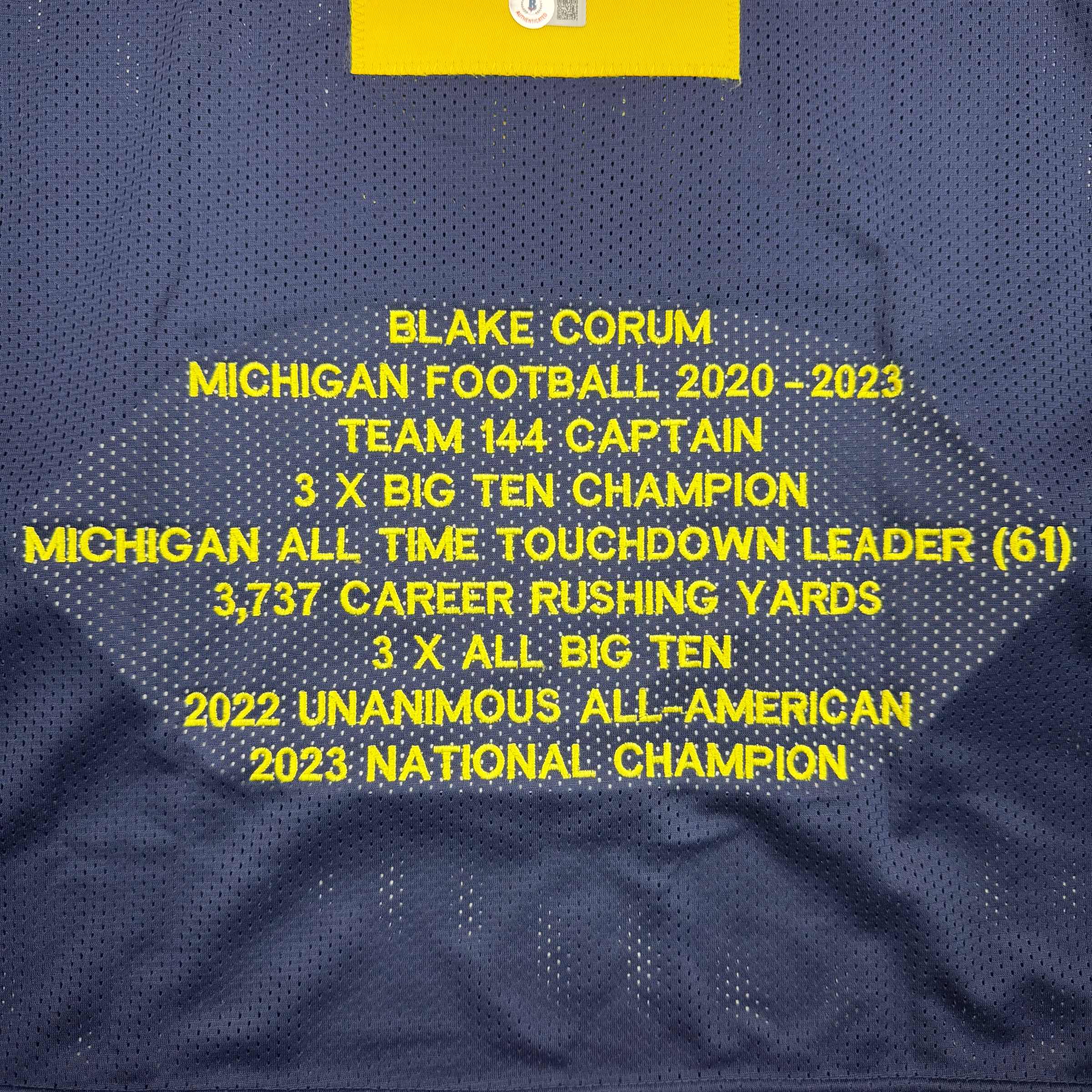 autographed-signed-blake-corum-michigan-blue-stat-college-football-jersey-beckett-bas-coa