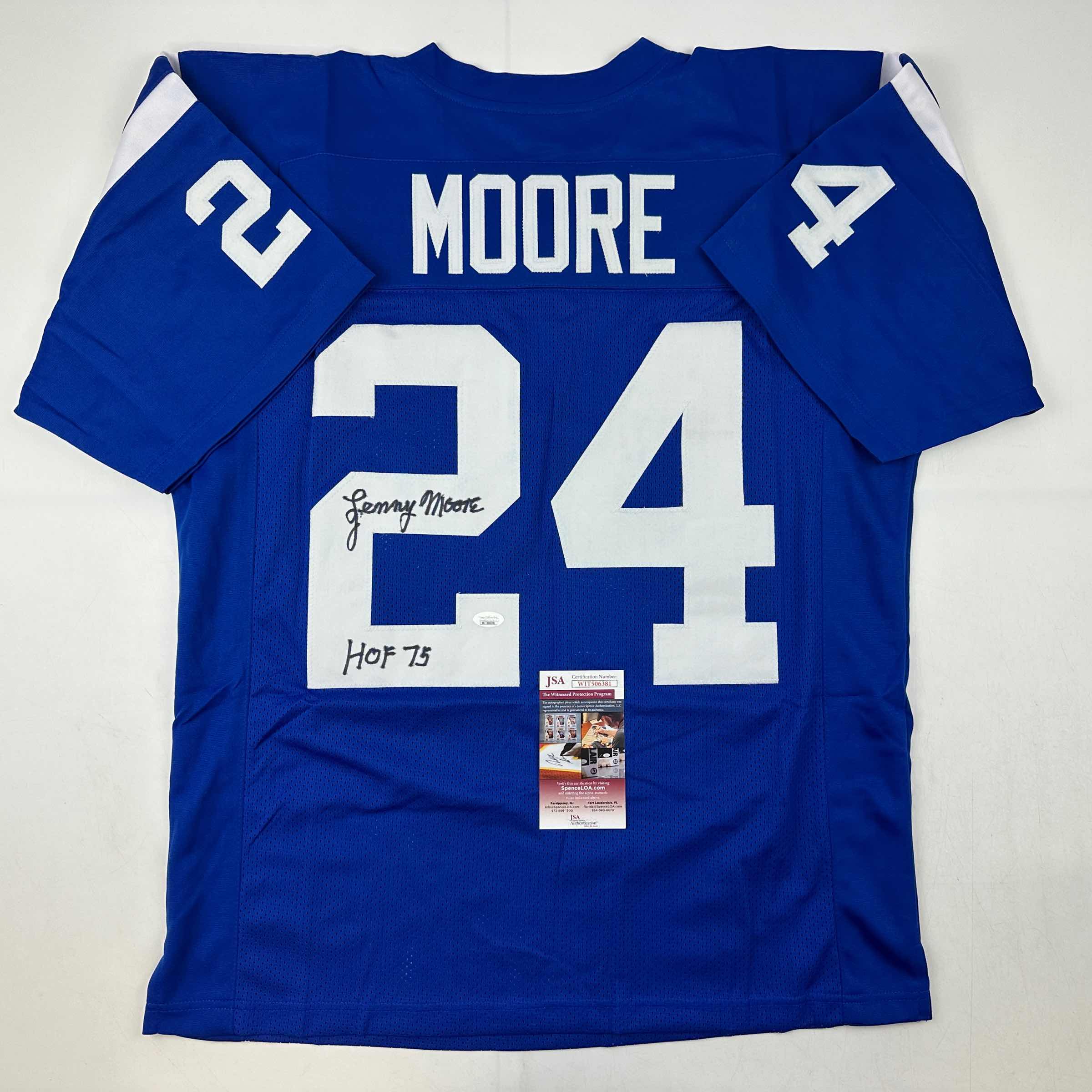 autographed-signed-lenny-moore-hof-75-baltimore-blue-football-jersey-jsa-coa