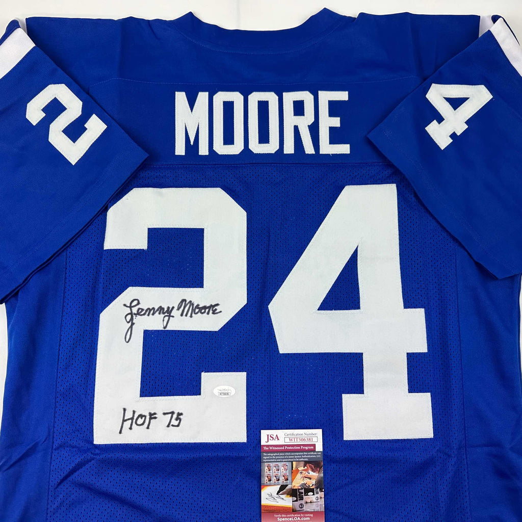autographed-signed-lenny-moore-hof-75-baltimore-blue-football-jersey-jsa-coa