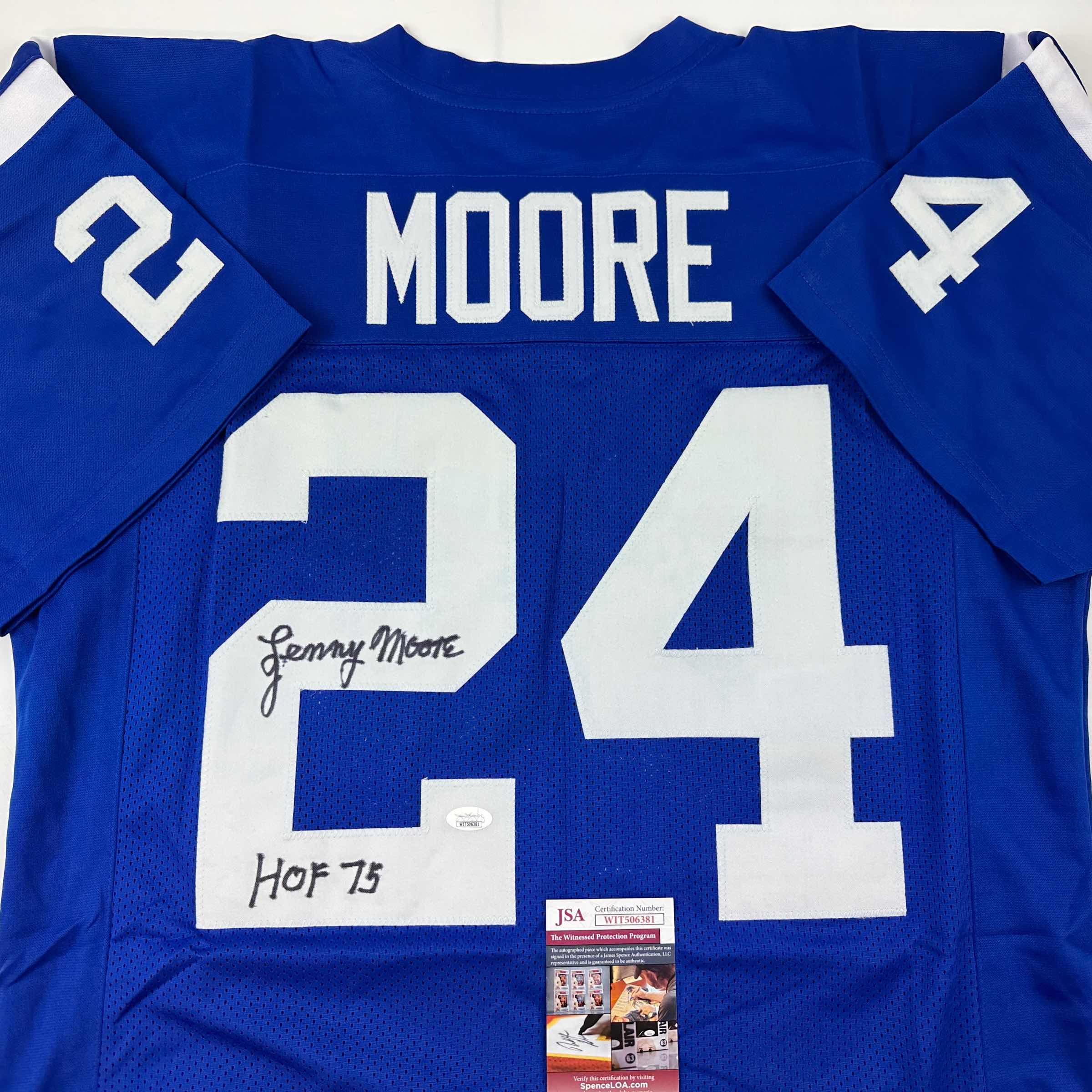 autographed-signed-lenny-moore-hof-75-baltimore-blue-football-jersey-jsa-coa
