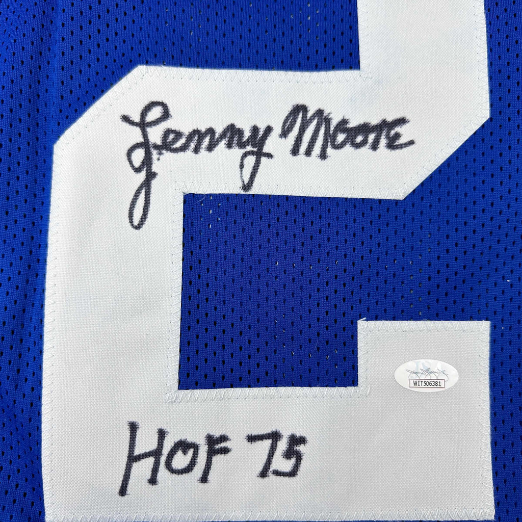 autographed-signed-lenny-moore-hof-75-baltimore-blue-football-jersey-jsa-coa