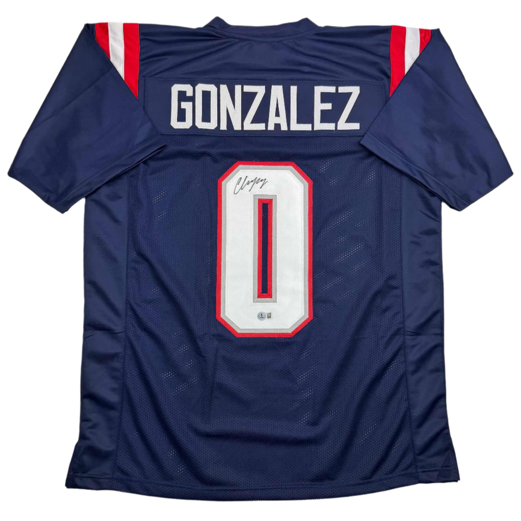 autographed-signed-christian-gonzalez-new-england-blue-football-jersey-beckett-bas-coa