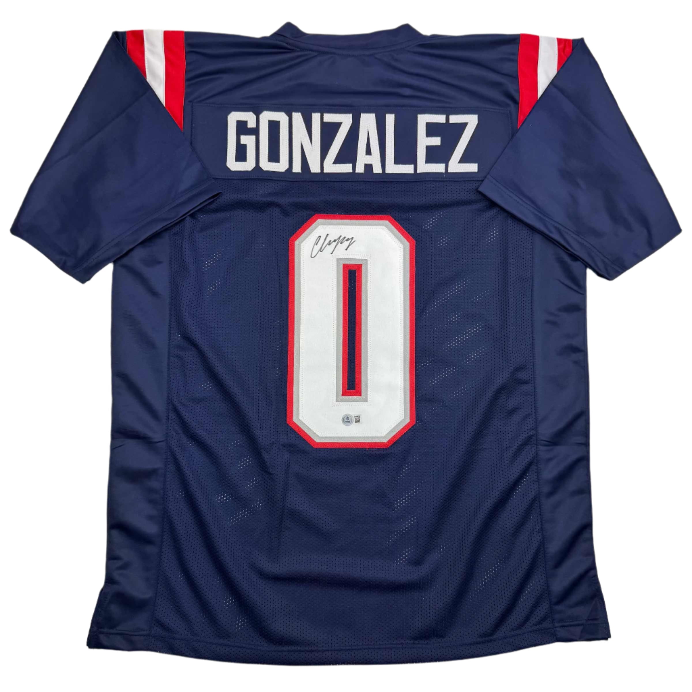 autographed-signed-christian-gonzalez-new-england-blue-football-jersey-beckett-bas-coa