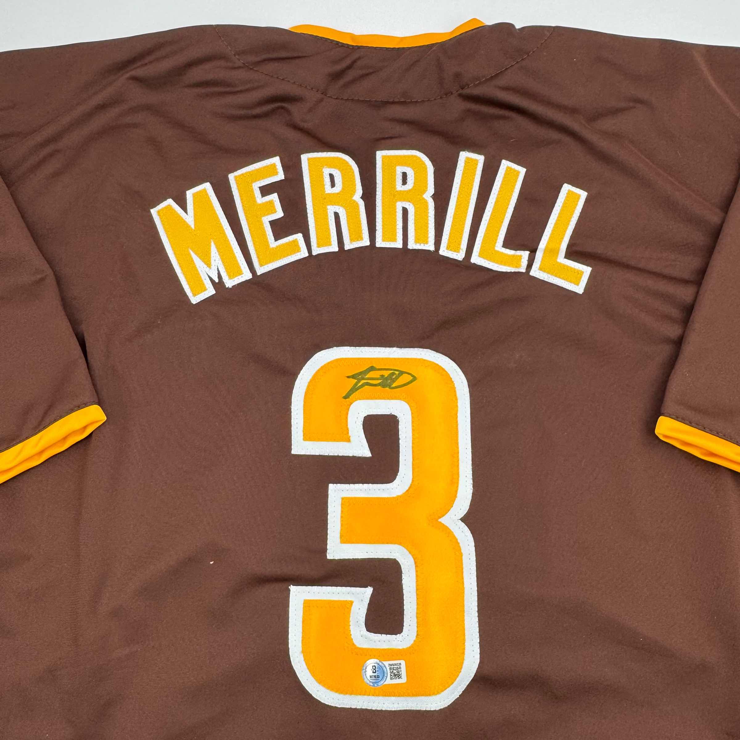 autographed-signed-jackson-merrill-san-diego-brown-baseball-jersey-beckett-bas-coa