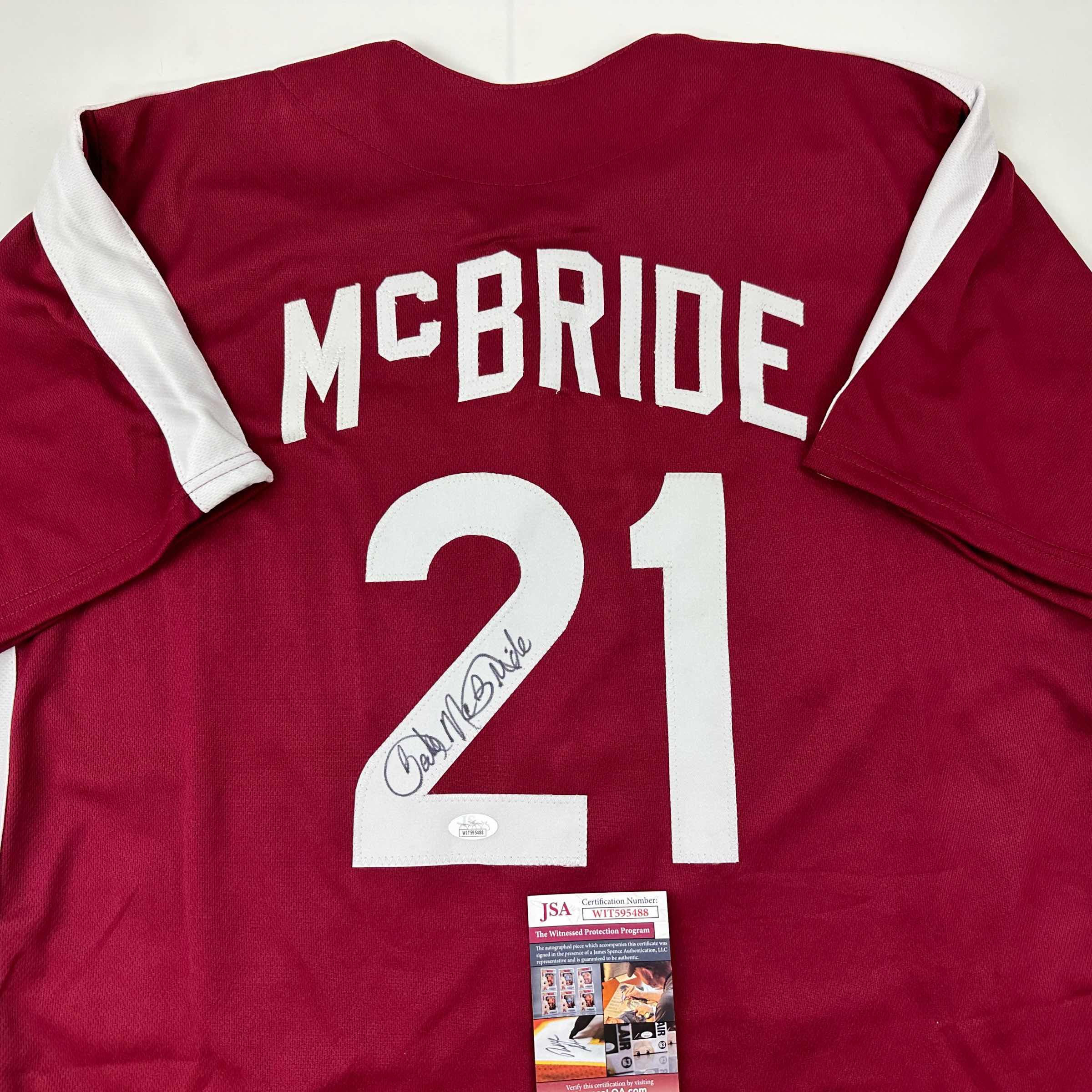 autographed-signed-bake-mcbride-philadelphia-retro-maroon-baseball-jersey-jsa-coa