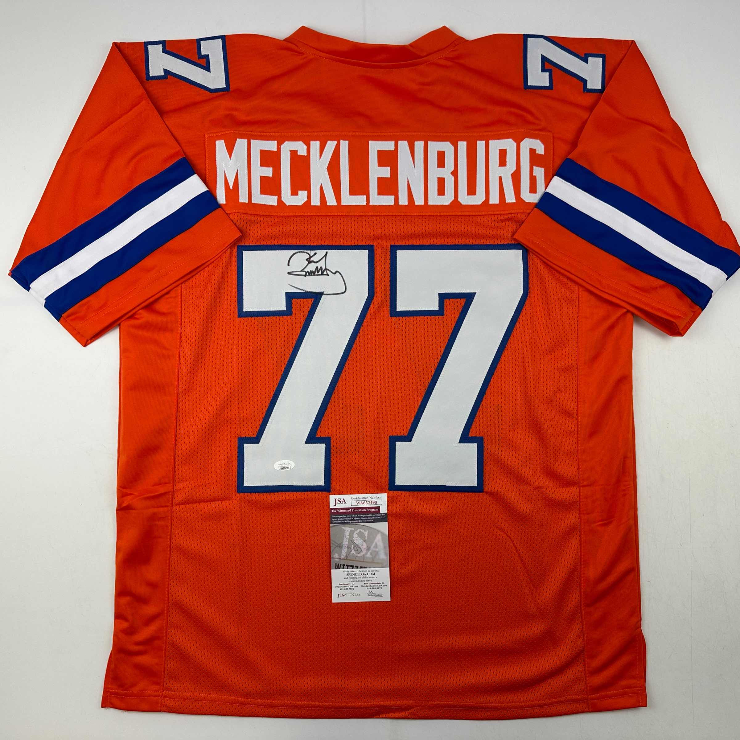 autographed-signed-karl-mecklenburg-denver-orange-football-jersey-jsa-coa