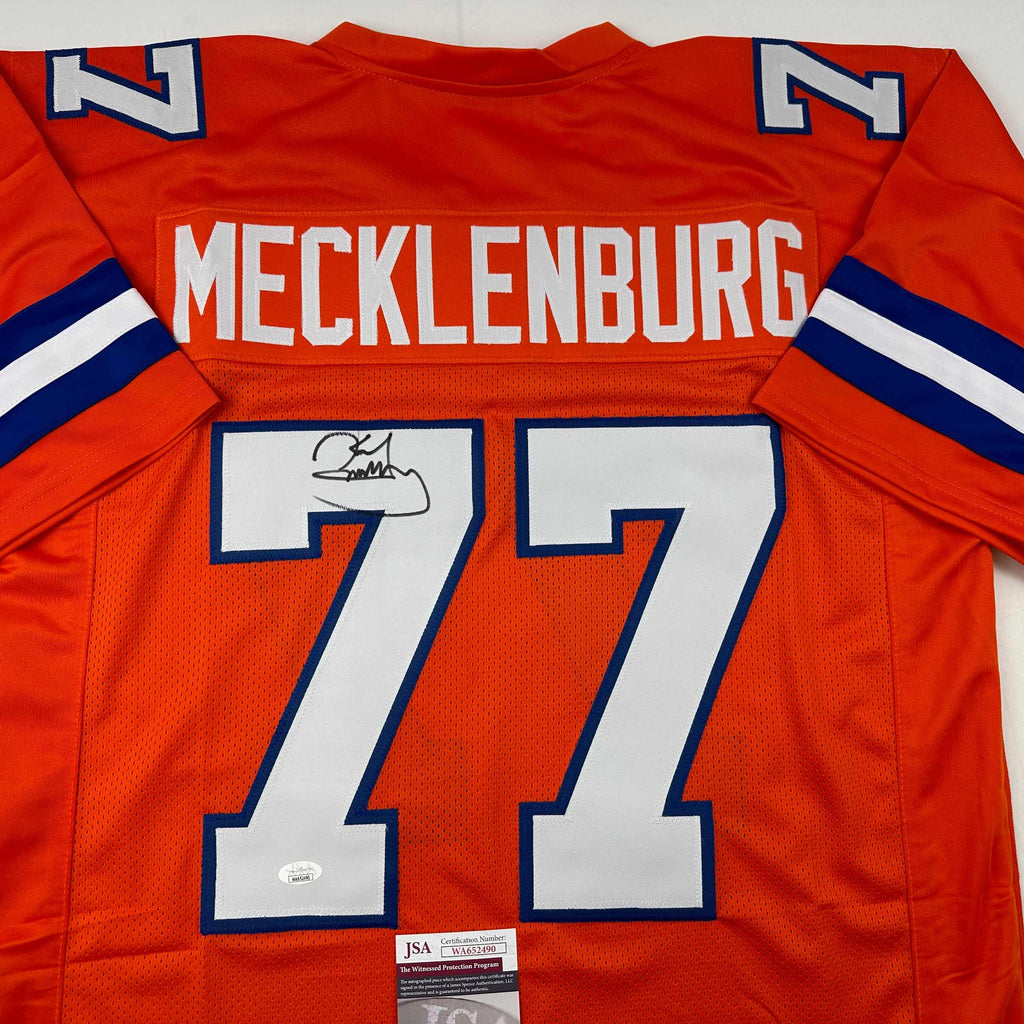 autographed-signed-karl-mecklenburg-denver-orange-football-jersey-jsa-coa