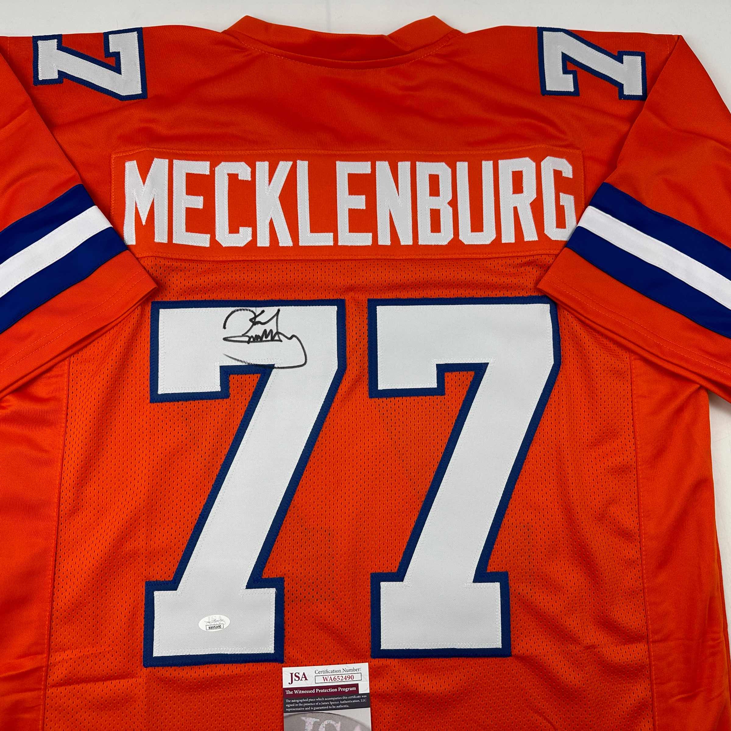 autographed-signed-karl-mecklenburg-denver-orange-football-jersey-jsa-coa