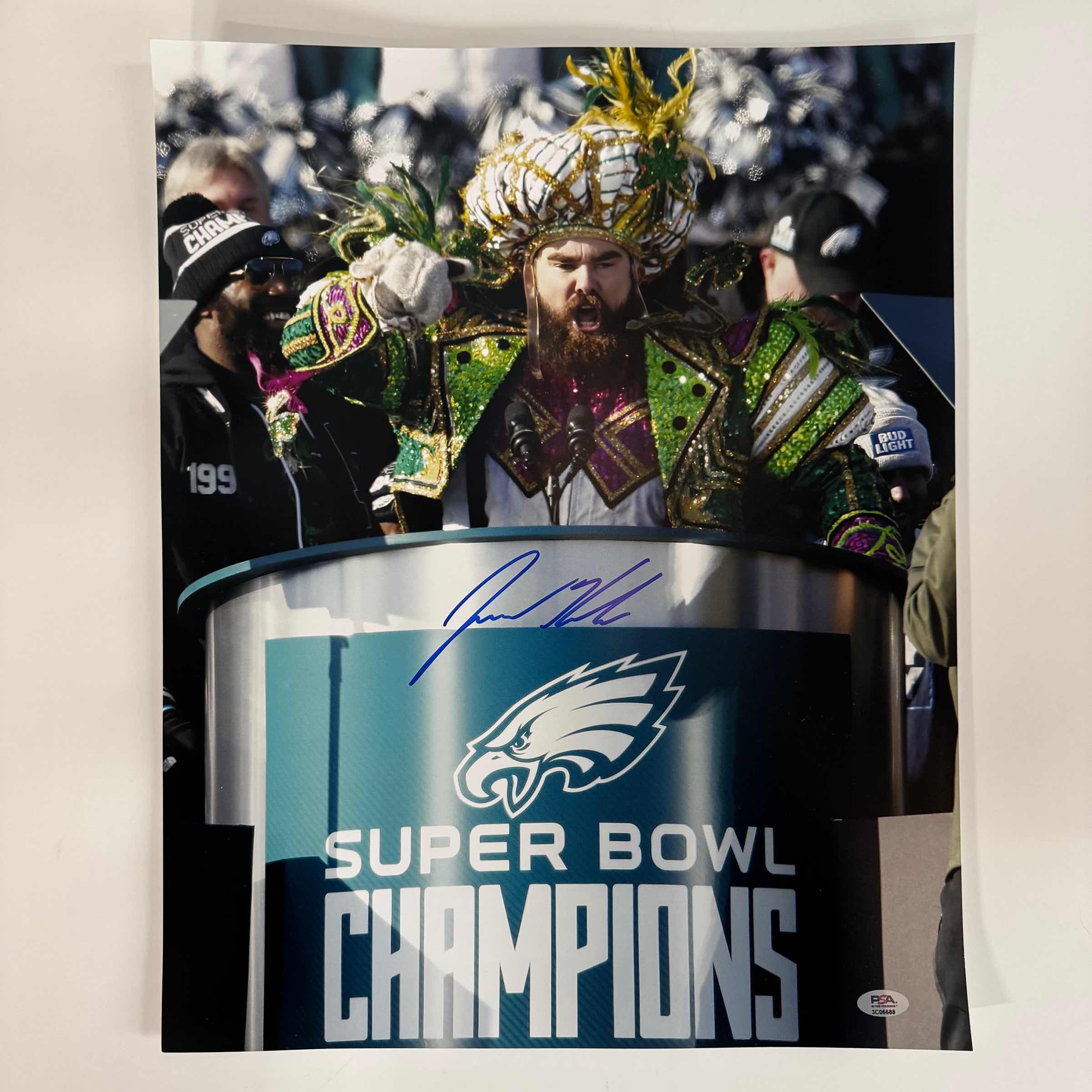 autographed-signed-jason-kelce-super-bowl-parade-speech-mummers-philadelphia-eagles-16x20-football-photo-psa-coa