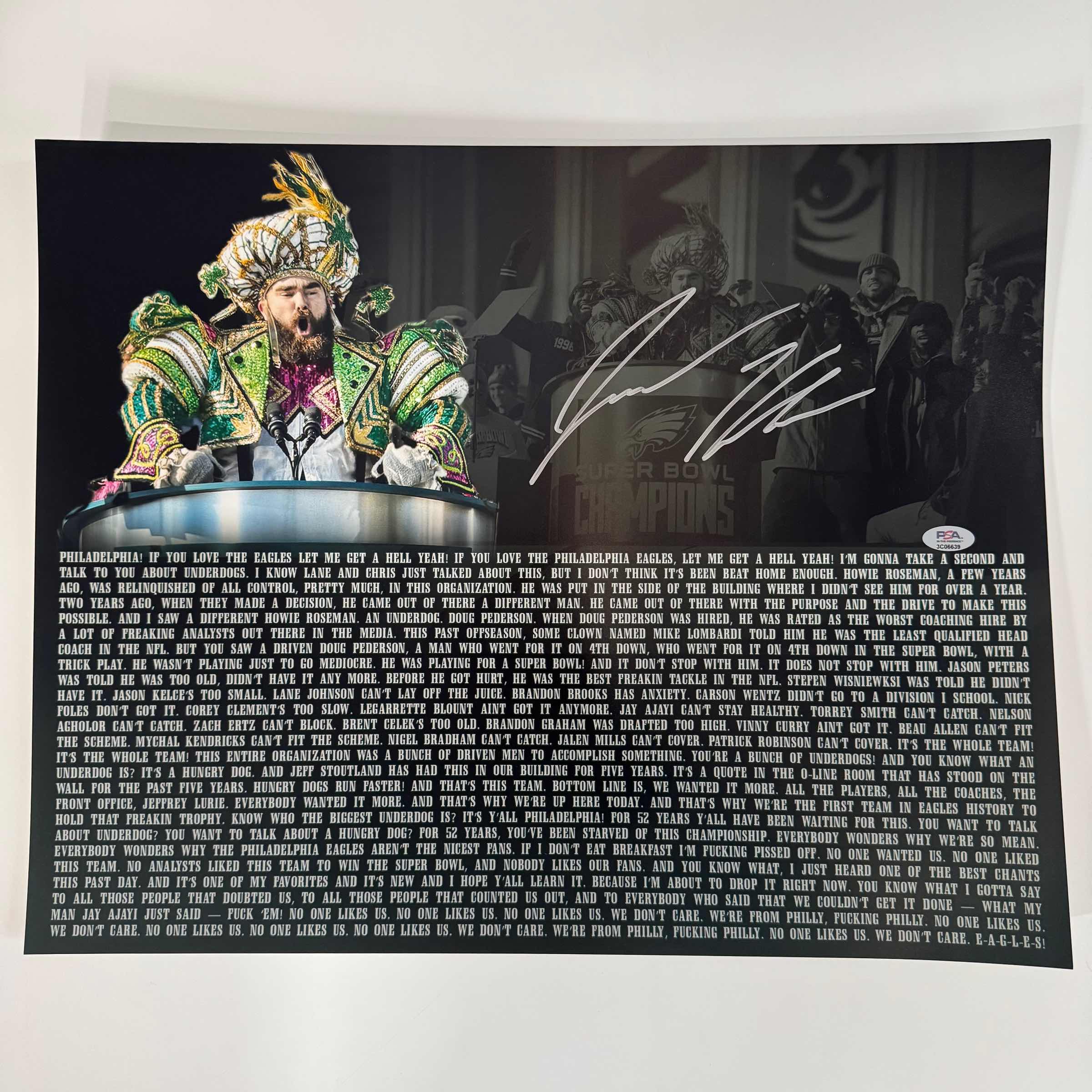autographed-signed-jason-kelce-super-bowl-parade-speech-transcript-mummers-philadelphia-eagles-16x20-football-photo-psa-coa