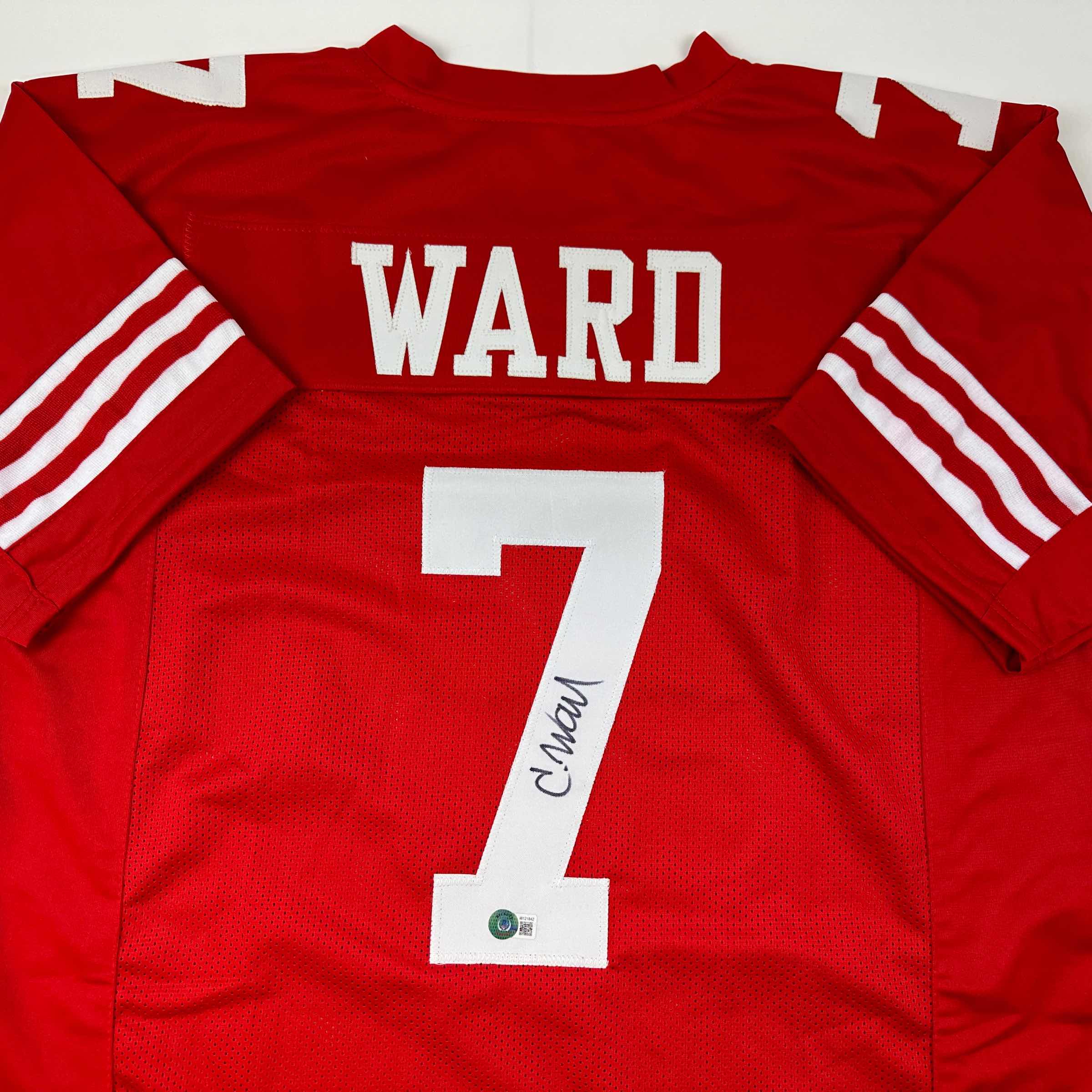 autographed-signed-charvarius-ward-san-francisco-red-football-jersey-beckett-bas-coa