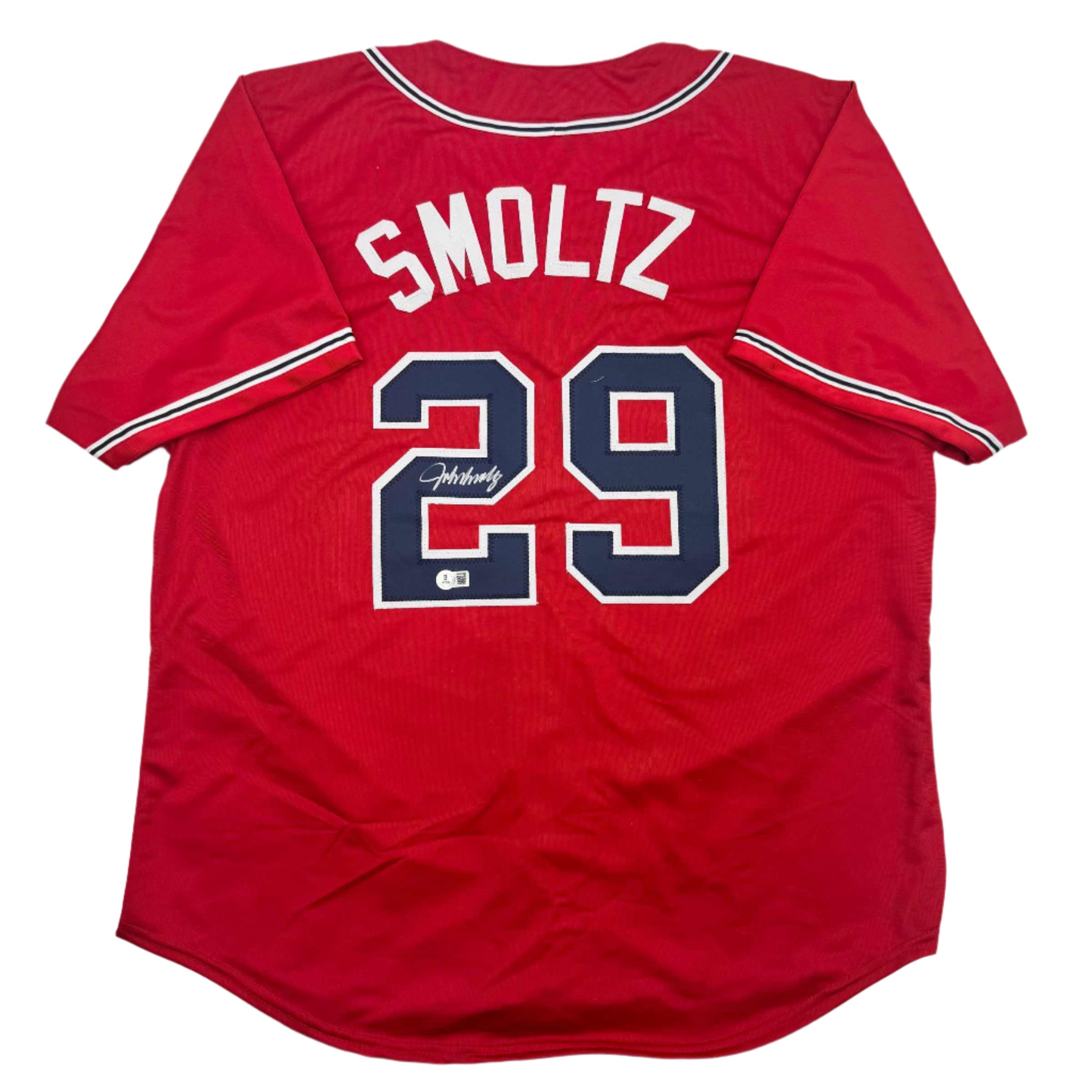 autographed-signed-john-smoltz-atlanta-red-baseball-jersey-beckett-bas-coa